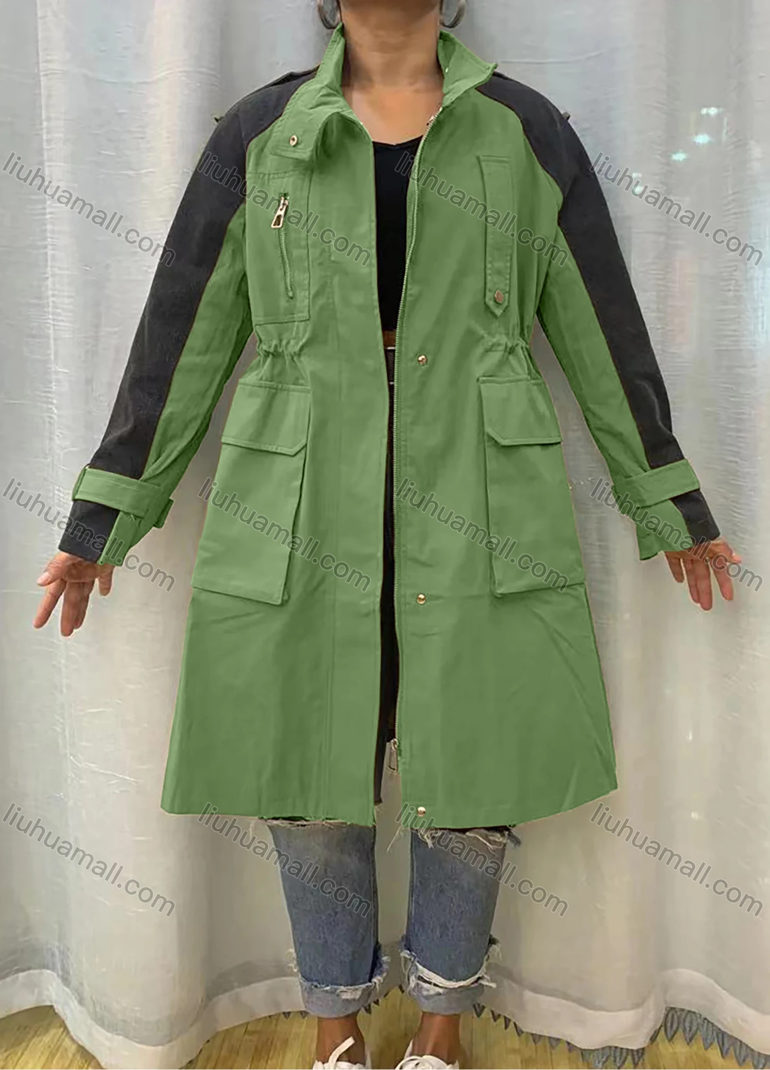 Wholesale Women's Stand Collar Straps Zippers Buttons Colorblock Flap Pockets Buckled Cuff Coat - Liuhuamall