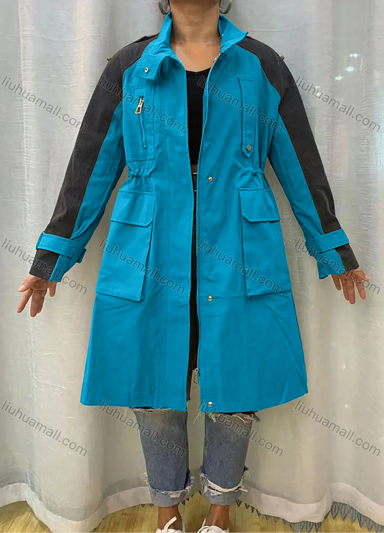 Wholesale Women's Stand Collar Straps Zippers Buttons Colorblock Flap Pockets Buckled Cuff Coat - Liuhuamall