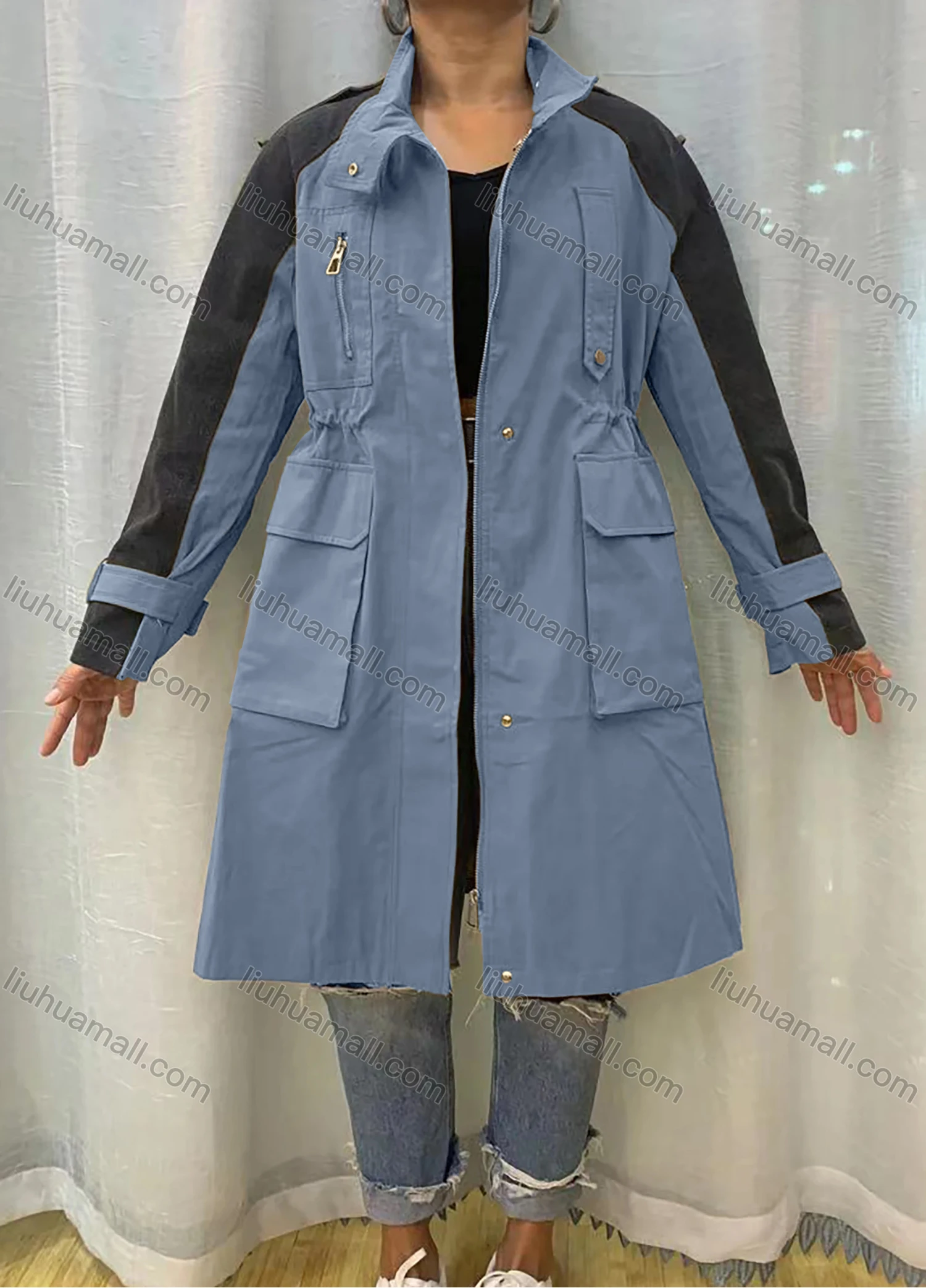 Wholesale Women's Stand Collar Straps Zippers Buttons Colorblock Flap Pockets Buckled Cuff Coat - Liuhuamall