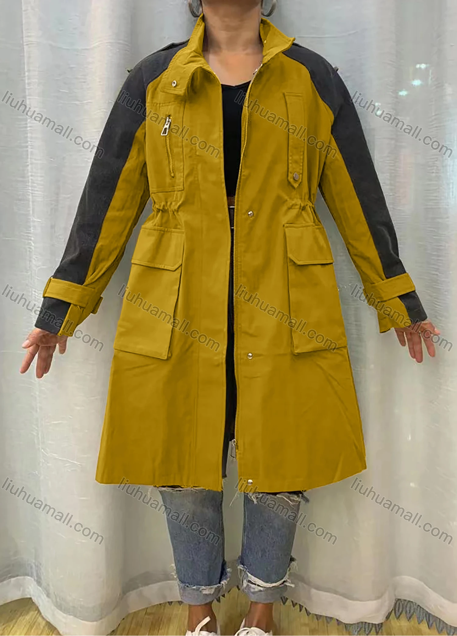 Wholesale Women's Stand Collar Straps Zippers Buttons Colorblock Flap Pockets Buckled Cuff Coat - Liuhuamall