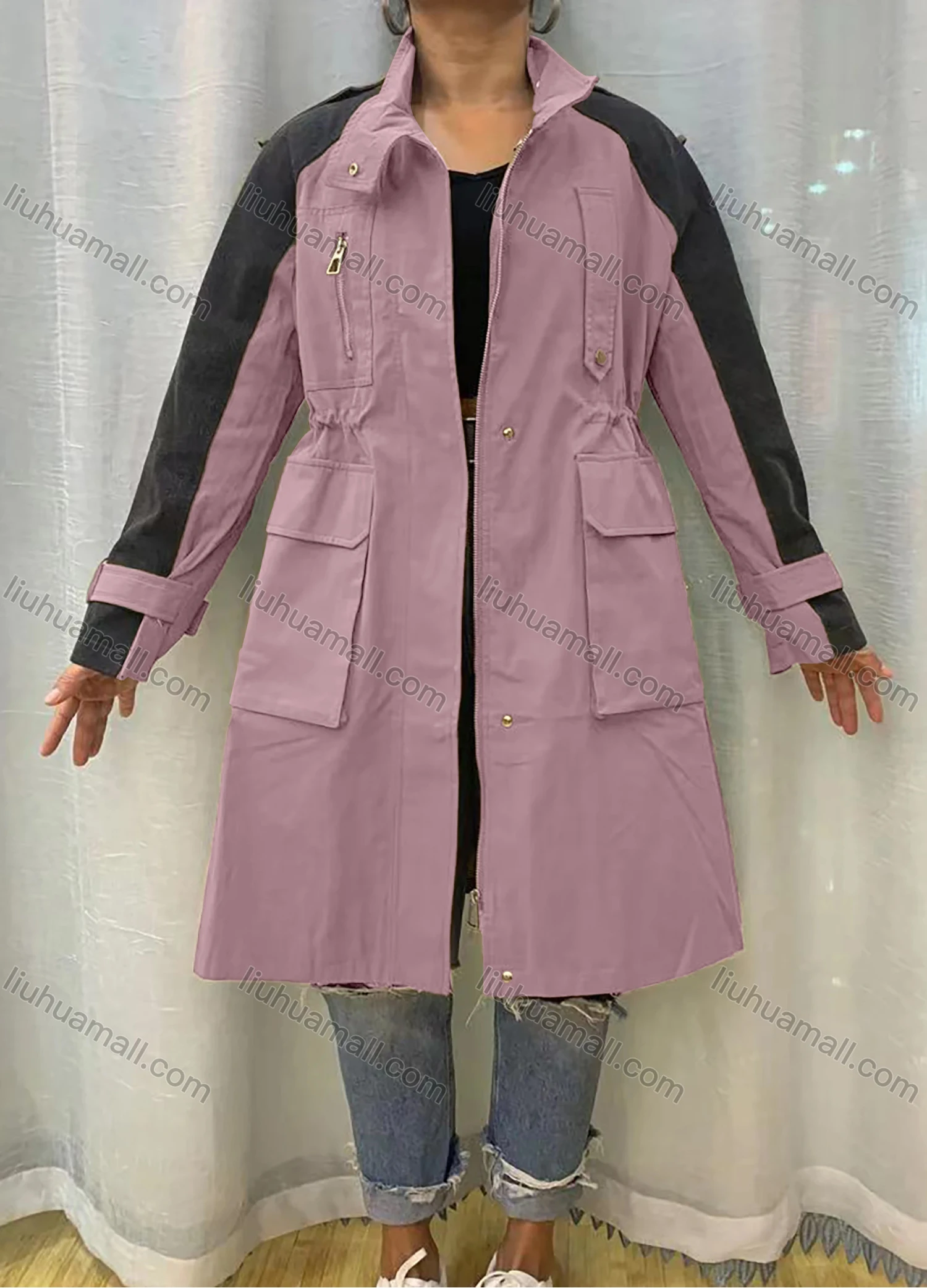 Wholesale Women's Stand Collar Straps Zippers Buttons Colorblock Flap Pockets Buckled Cuff Coat - Liuhuamall