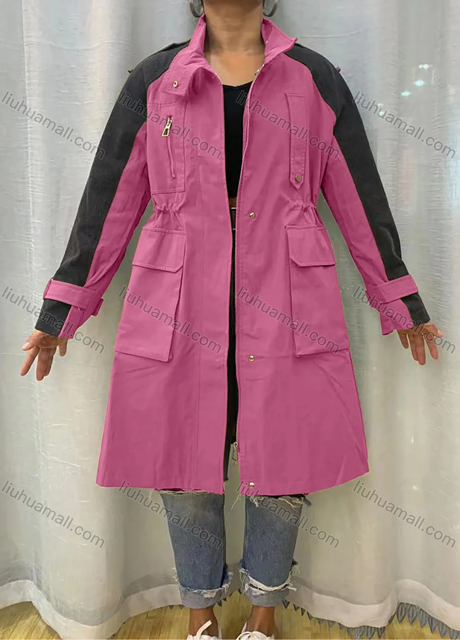 Wholesale Women's Stand Collar Straps Zippers Buttons Colorblock Flap Pockets Buckled Cuff Coat - Liuhuamall