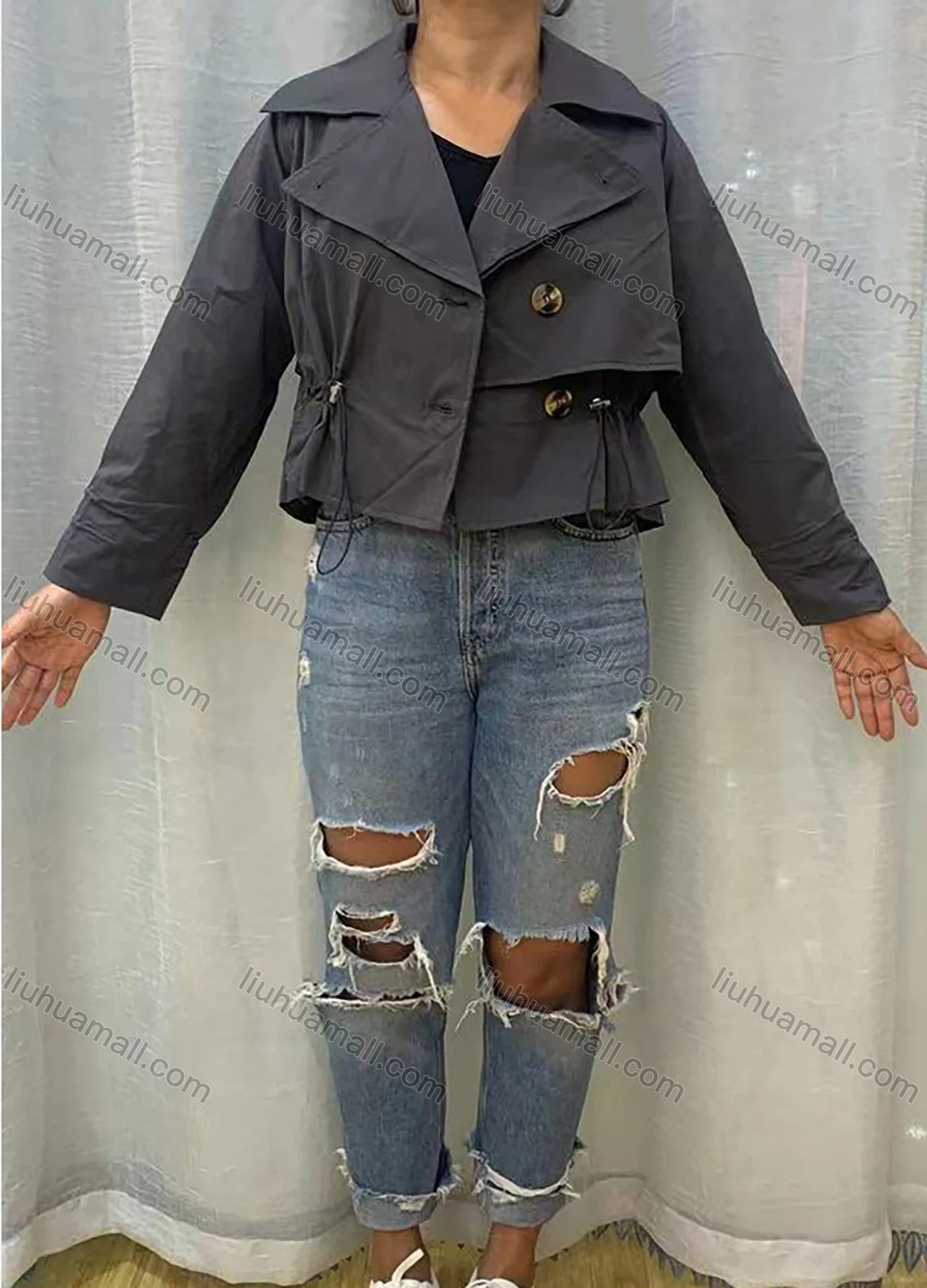 Wholesale Women's Lapel Long Sleeve Buttons Drawstring Plain Crop Jacket - Liuhuamall