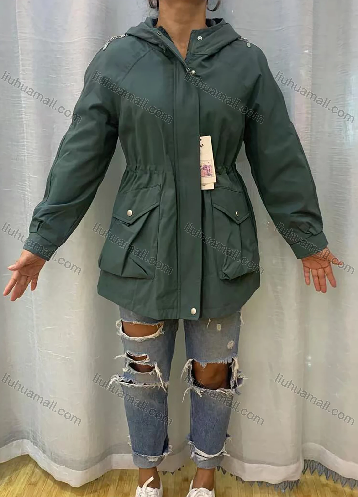 Wholesale Women's Hooded Long Sleeve Zipper Buttons Flap Pockets Coat - Liuhuamall