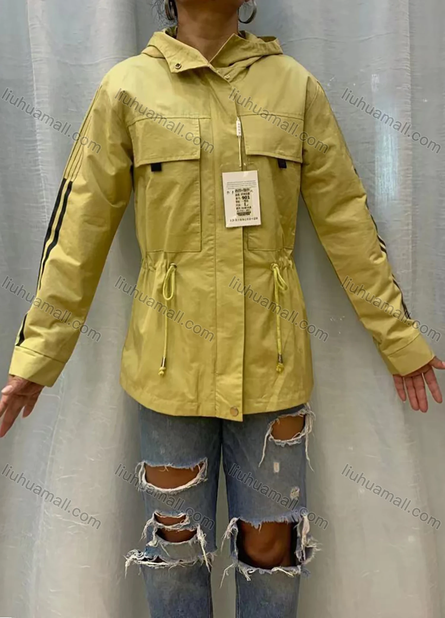 Wholesale Women's Casual Long Sleeve Double Flap Pockets Drawstring Waist Hooded Jacket - Liuhuamall