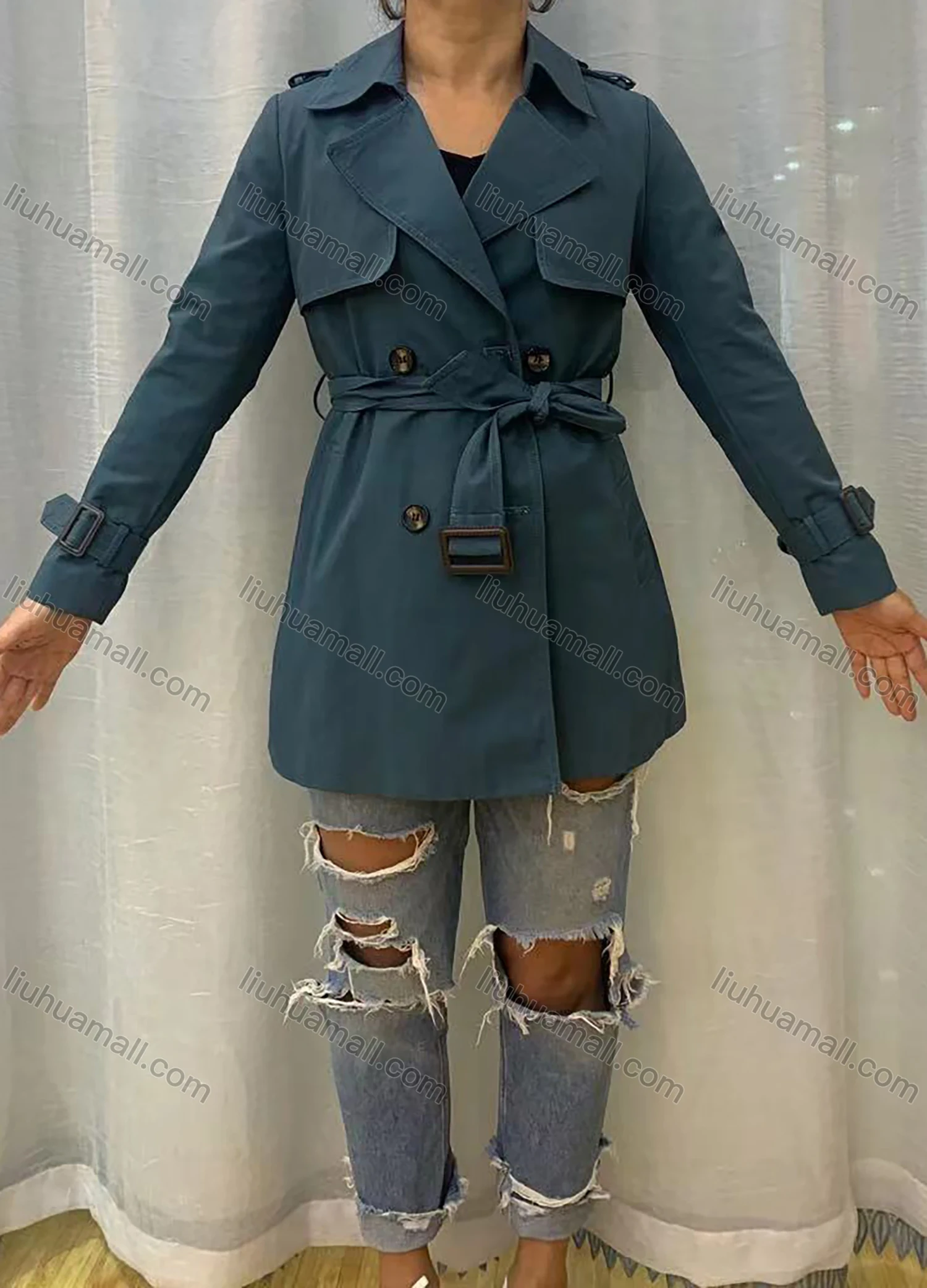 Wholesale Women's Lapel Straps Long Sleeve Buckled Cuff Buttons Belted Plain Trench Coat - Liuhuamall