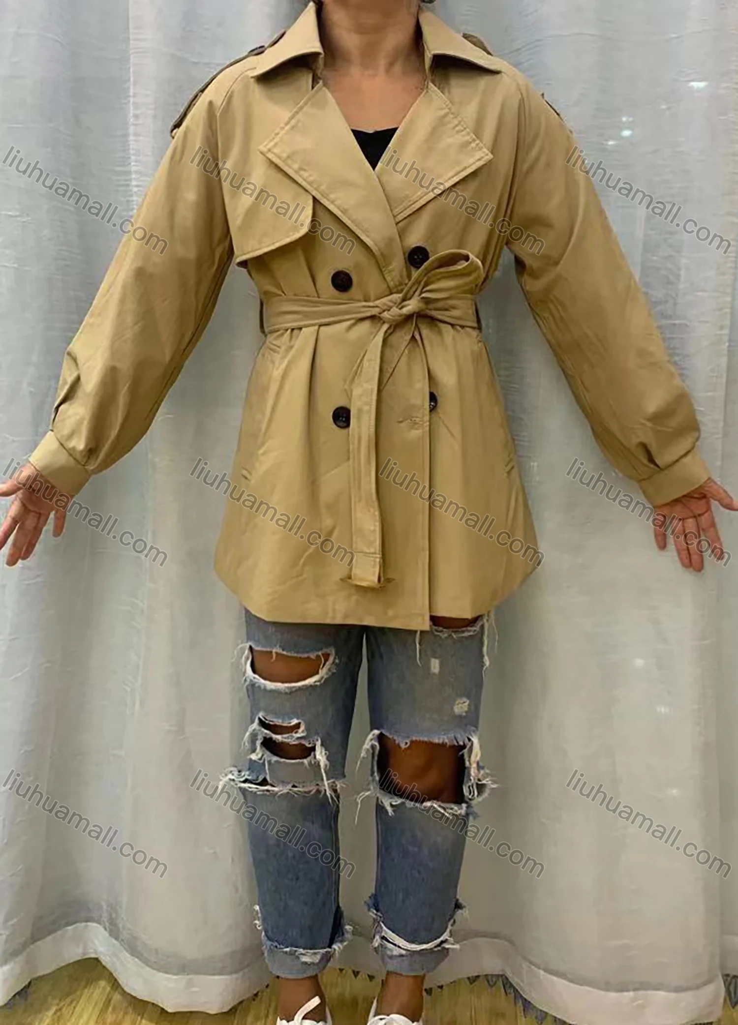 Wholesale Women's Lapel Straps Long Sleeve Buttons Belted Plain Trench Coat - Liuhuamall