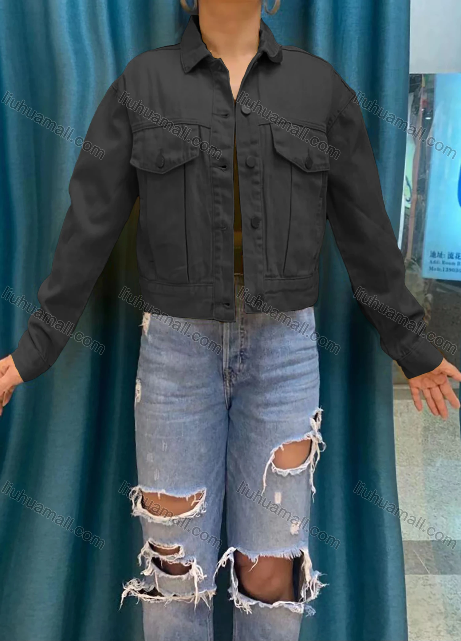 Wholesale Women's Collared Drop Shoulder Buttons Flap Pockets Plain Jacket - Liuhuamall