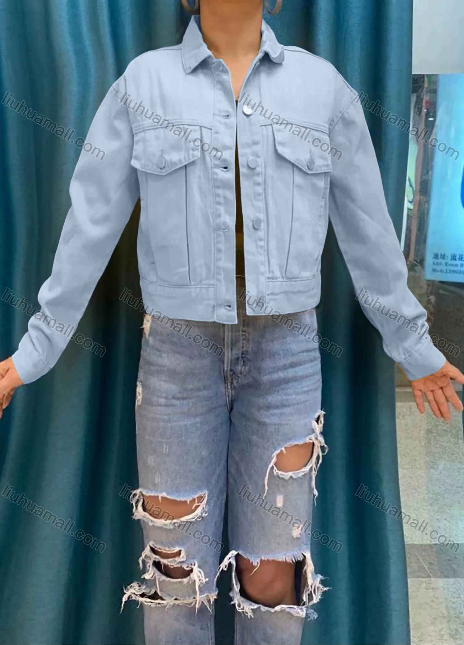 Wholesale Women's Collared Drop Shoulder Buttons Flap Pockets Plain Jacket - Liuhuamall