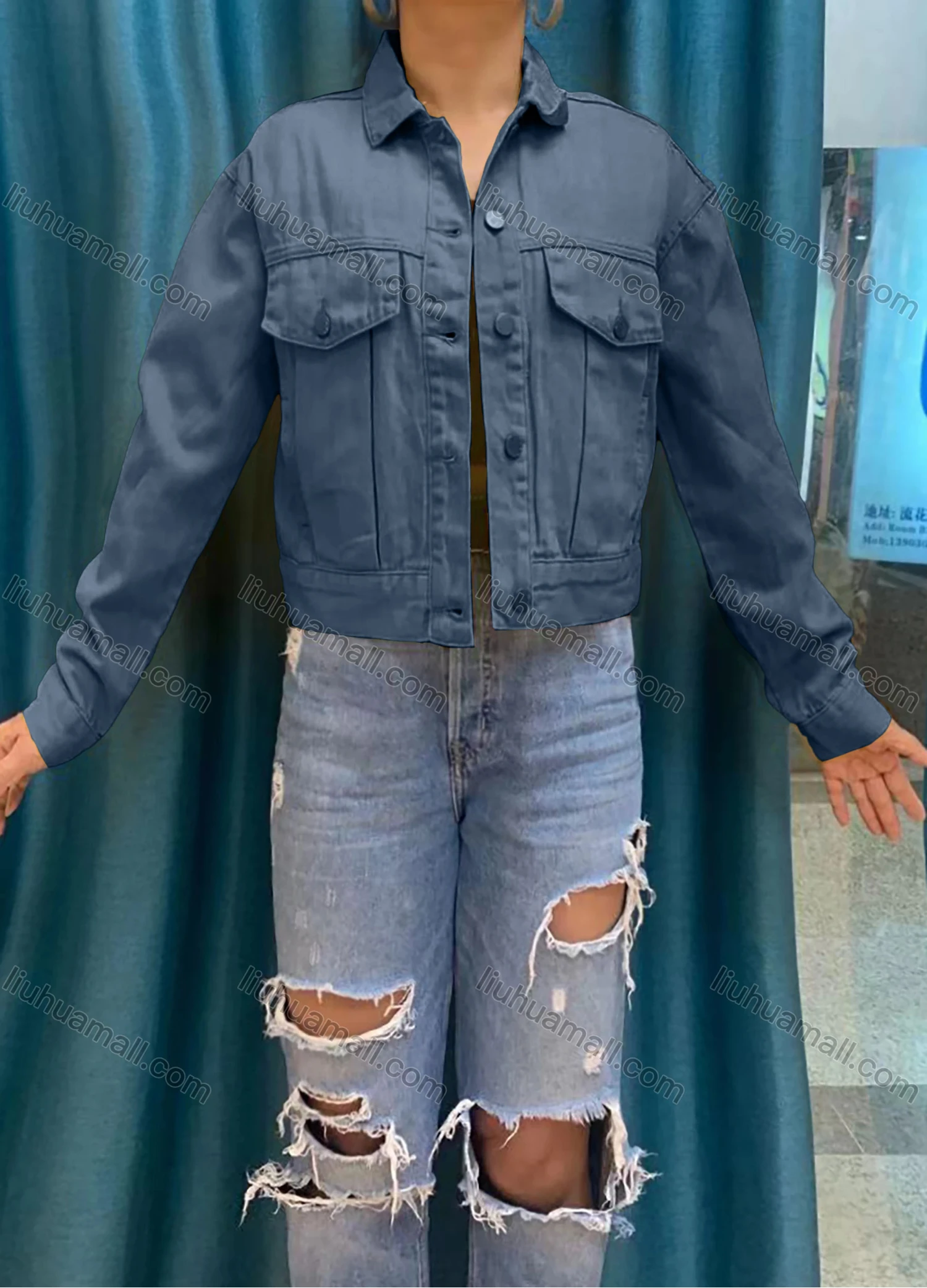 Wholesale Women's Collared Drop Shoulder Buttons Flap Pockets Plain Jacket - Liuhuamall