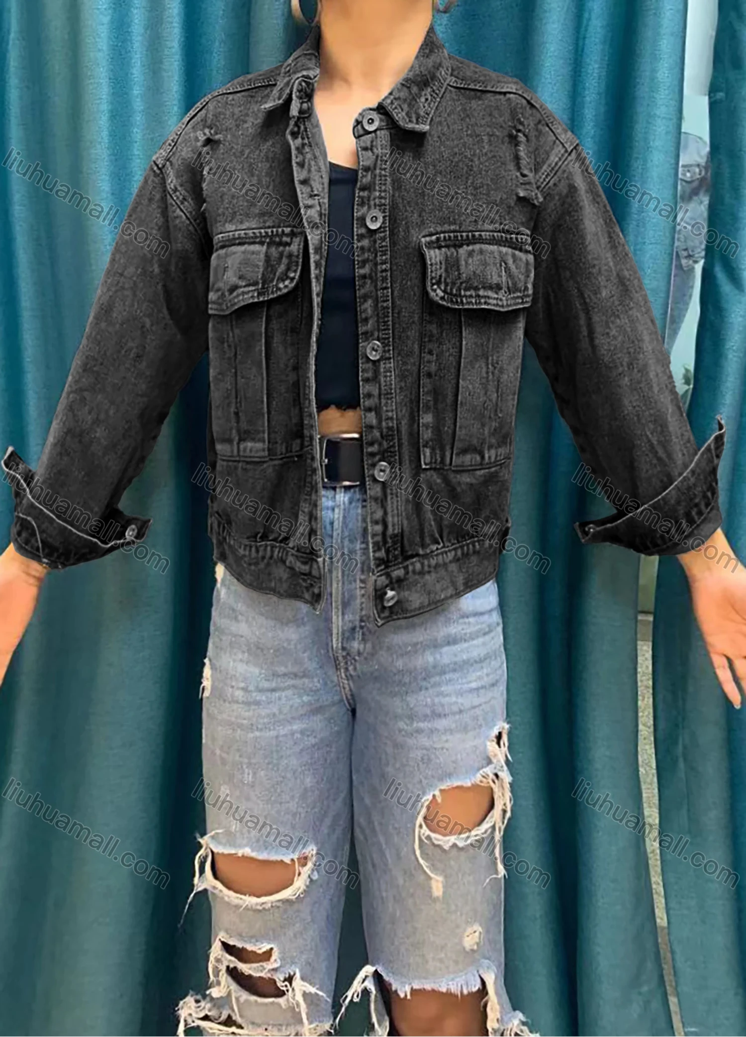 Wholesale Women's Collared Long Sleeve Buttons Flap Pockets Denim Jacket - Liuhuamall