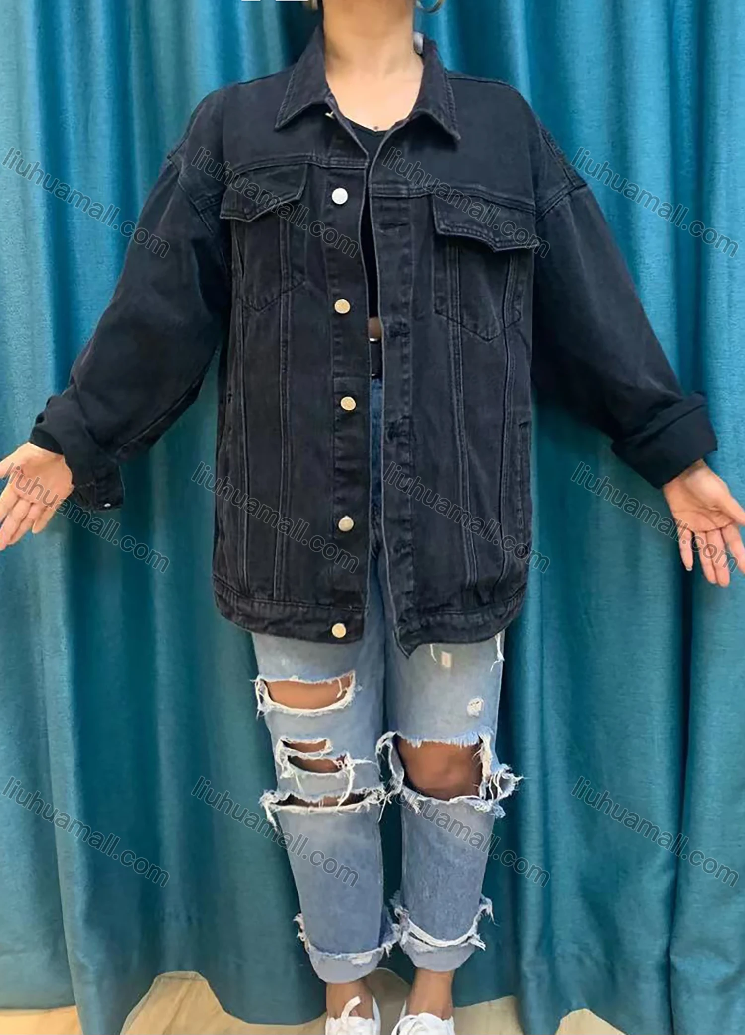 Wholesale Women's Collared Long Sleeve Buttons Flap Pockets Denim Jacket 1022# - Liuhuamall