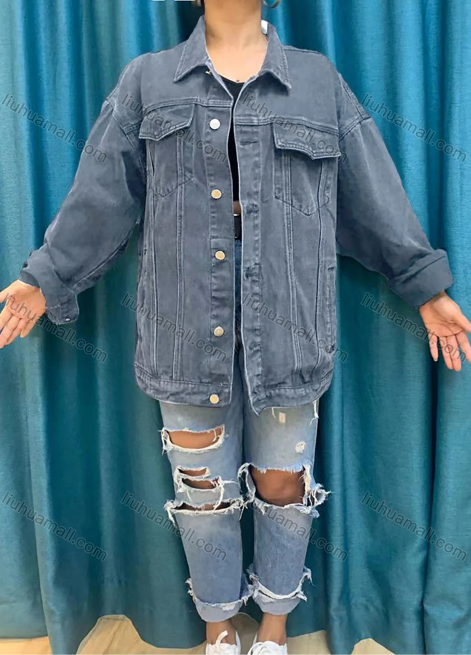 Wholesale Women's Collared Long Sleeve Buttons Flap Pockets Denim Jacket 1022# - Liuhuamall