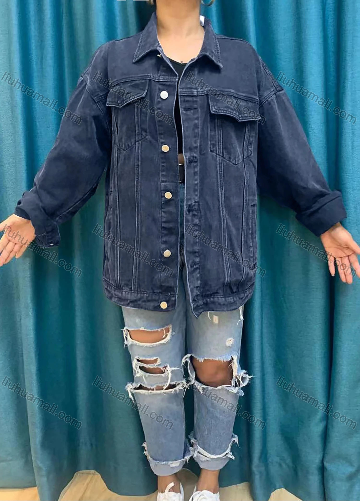 Wholesale Women's Collared Long Sleeve Buttons Flap Pockets Denim Jacket 1022# - Liuhuamall