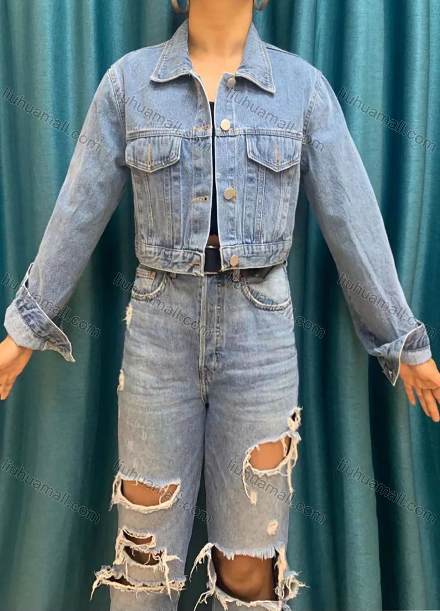 Wholesale Women's Long Sleeve Buttons Flap Pockets Casual Crop Denim Jacket 1025# - Liuhuamall