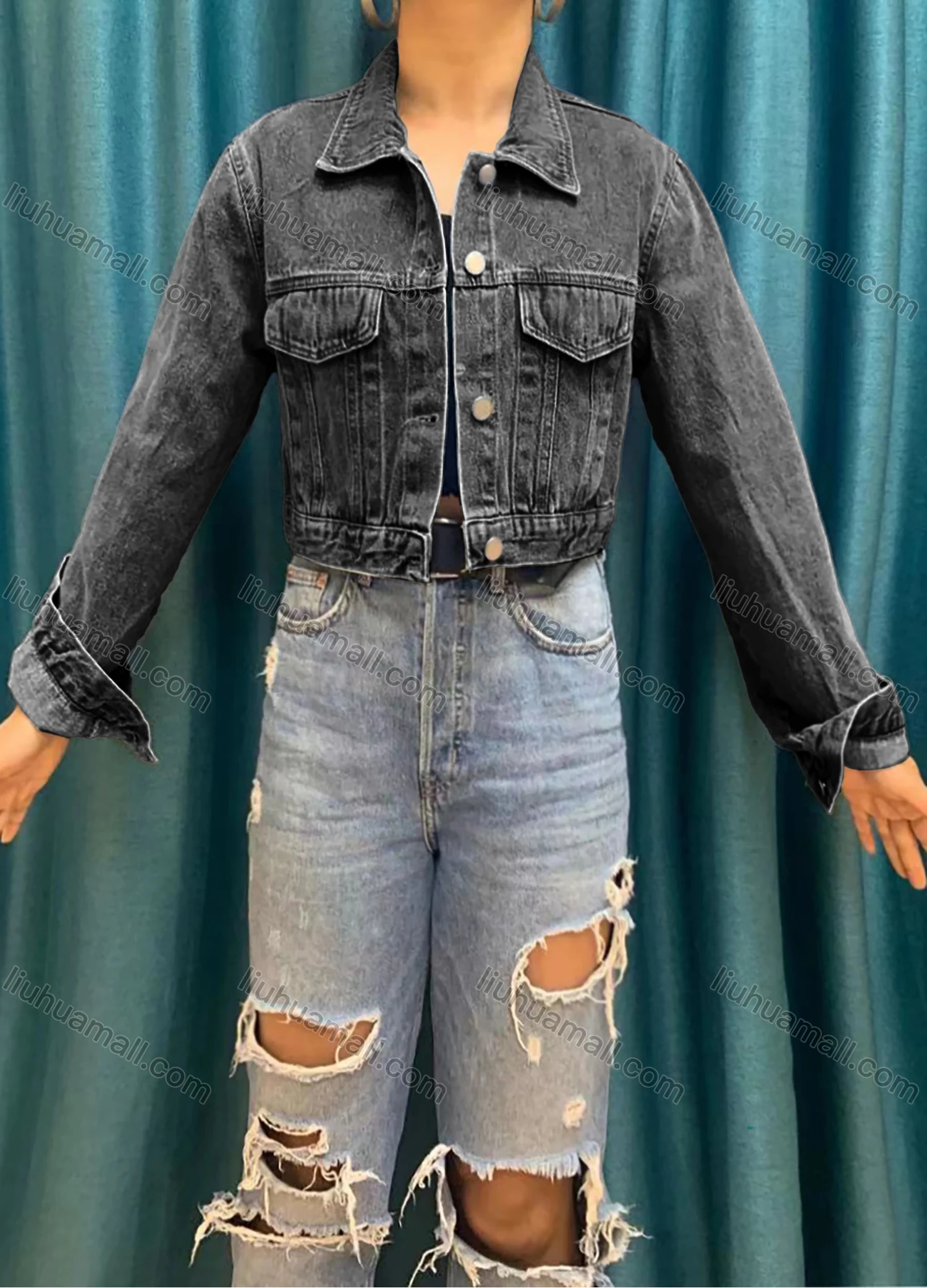 Wholesale Women's Long Sleeve Buttons Flap Pockets Casual Crop Denim Jacket 1025# - Liuhuamall