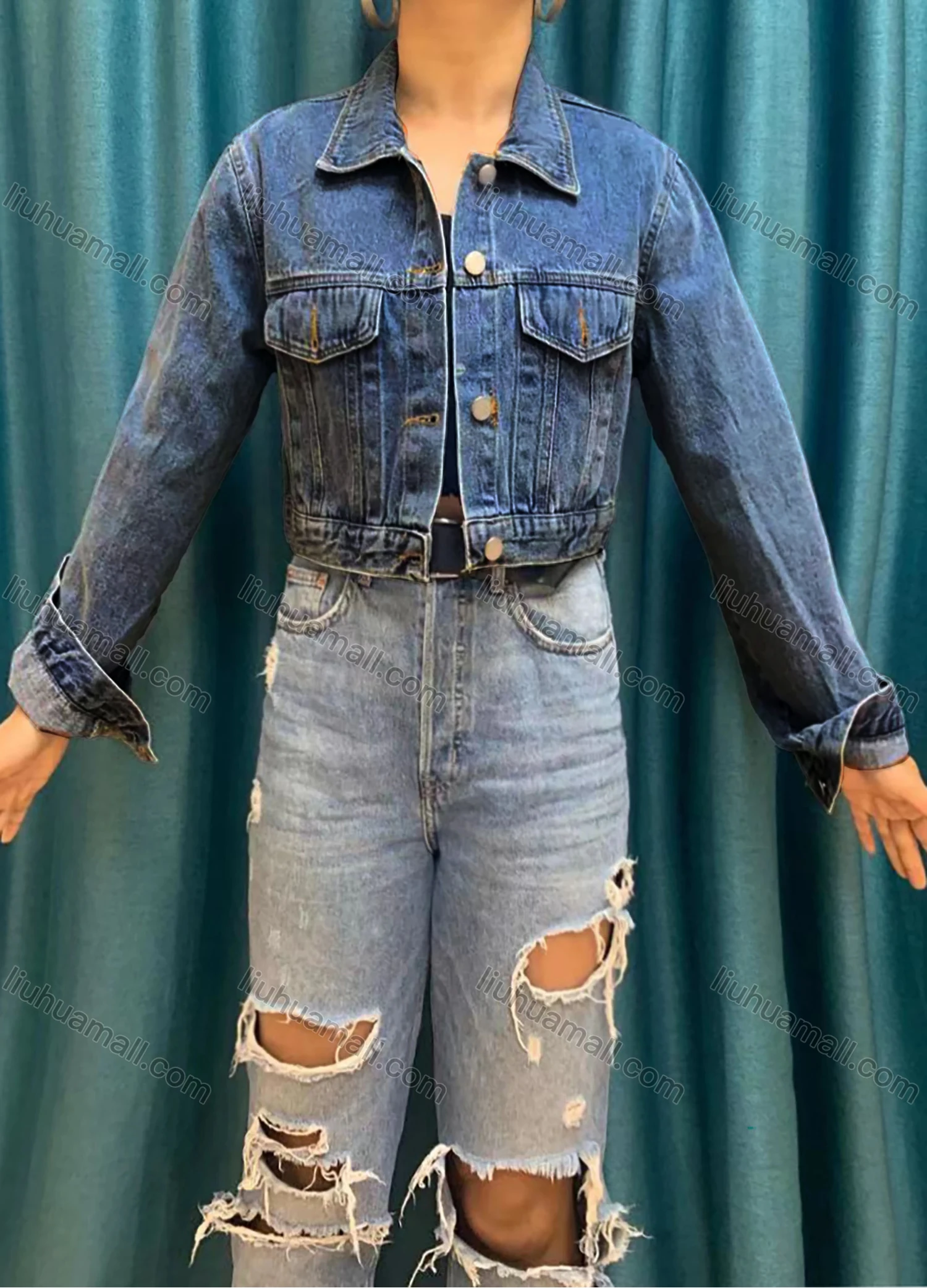 Wholesale Women's Long Sleeve Buttons Flap Pockets Casual Crop Denim Jacket 1025# - Liuhuamall