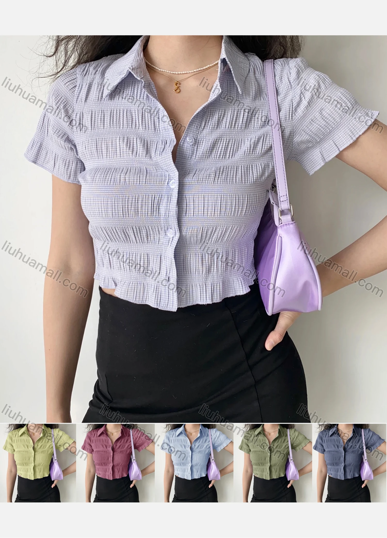 Wholesale Women's Collared Short Sleeve Button Down Shirred Casual Crop Shirt AY124# - Liuhuamall