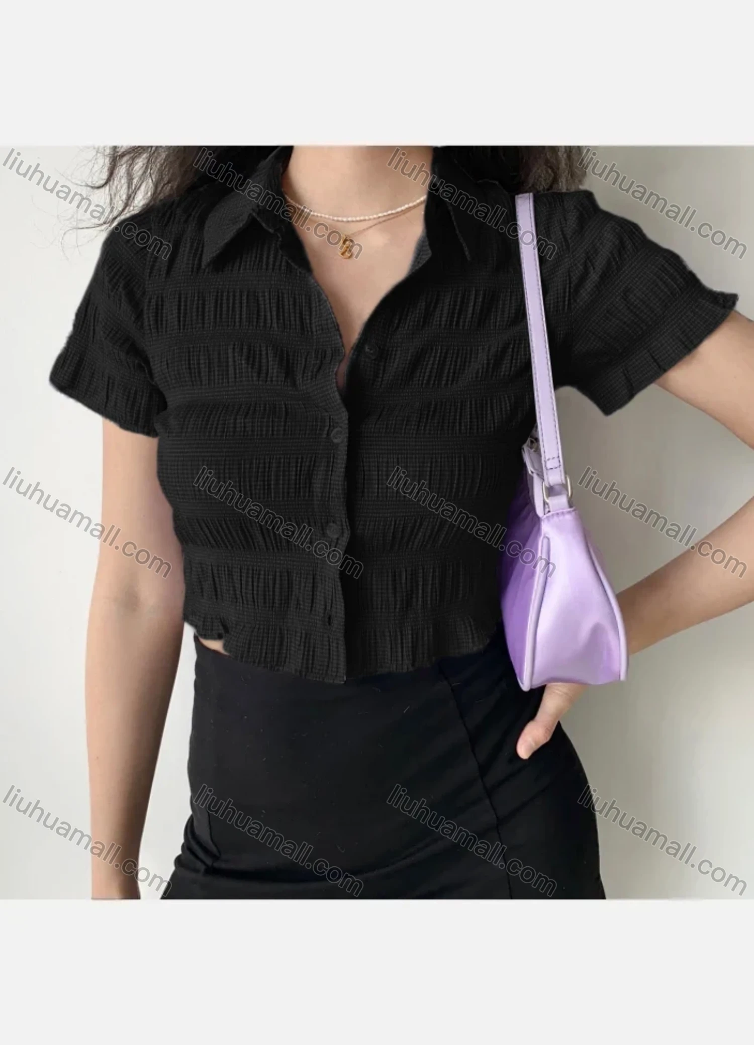 Wholesale Women's Collared Short Sleeve Button Down Shirred Casual Crop Shirt AY124# - Liuhuamall