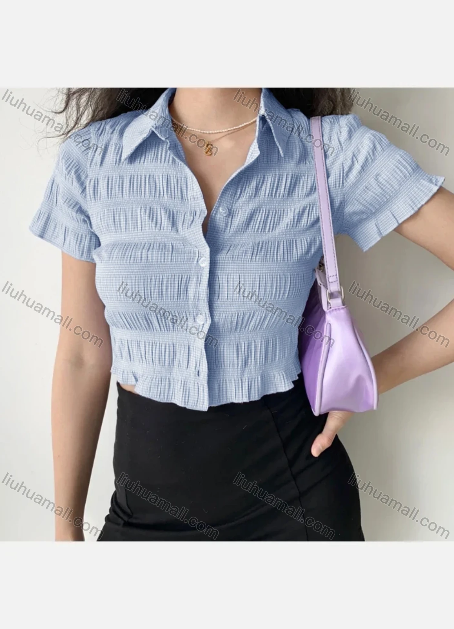 Wholesale Women's Collared Short Sleeve Button Down Shirred Casual Crop Shirt AY124# - Liuhuamall