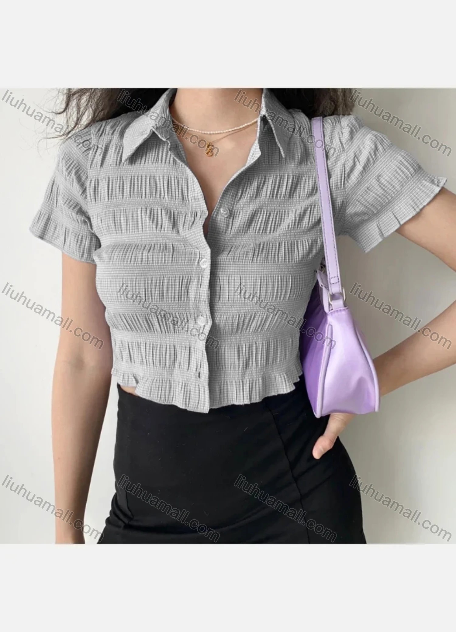 Wholesale Women's Collared Short Sleeve Button Down Shirred Casual Crop Shirt AY124# - Liuhuamall