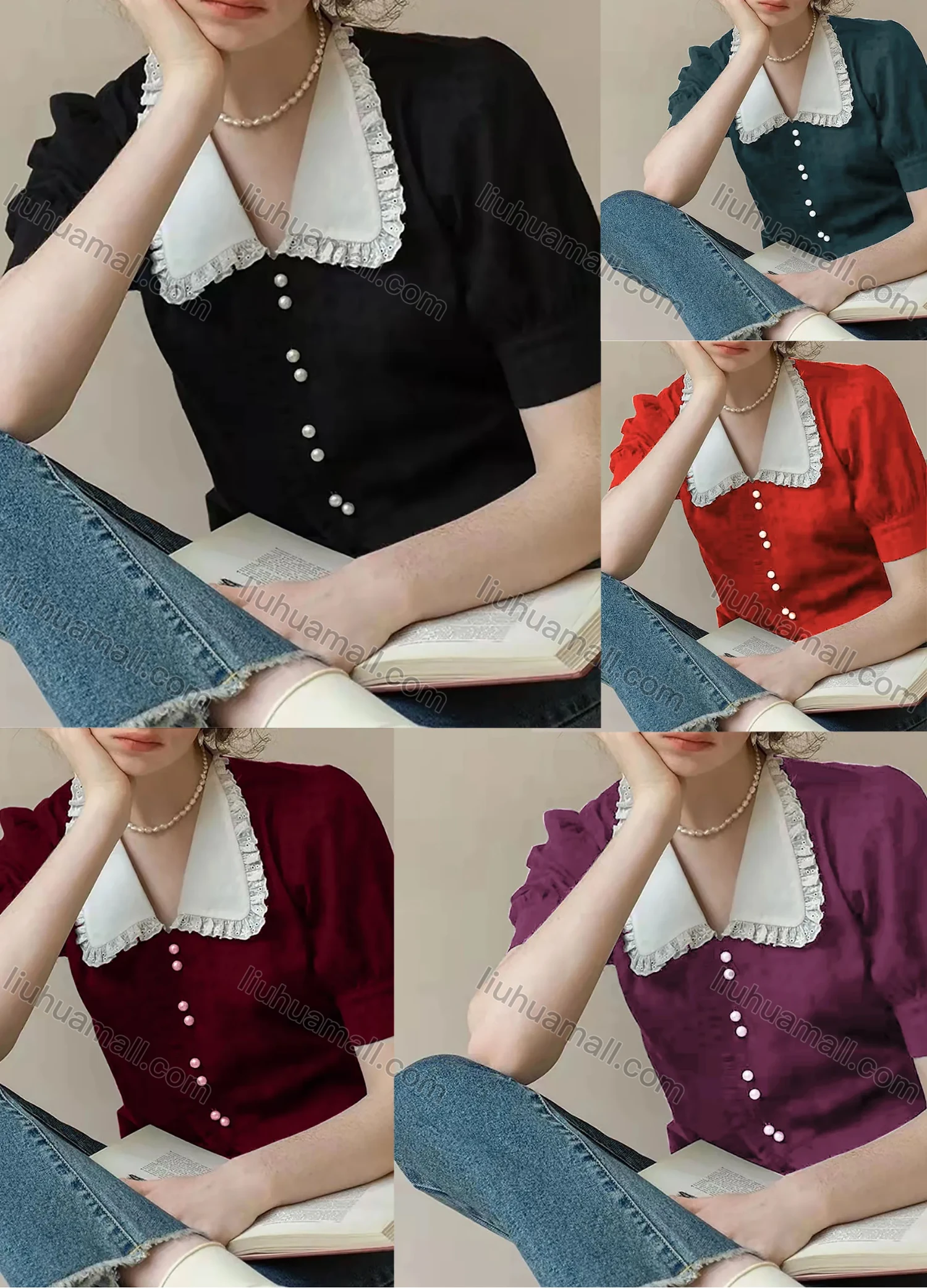 Wholesale Women's Peter Pan Collar Ruffle Trim Lantern Sleeve Pearl Buttons Blouse AY125# - Liuhuamall