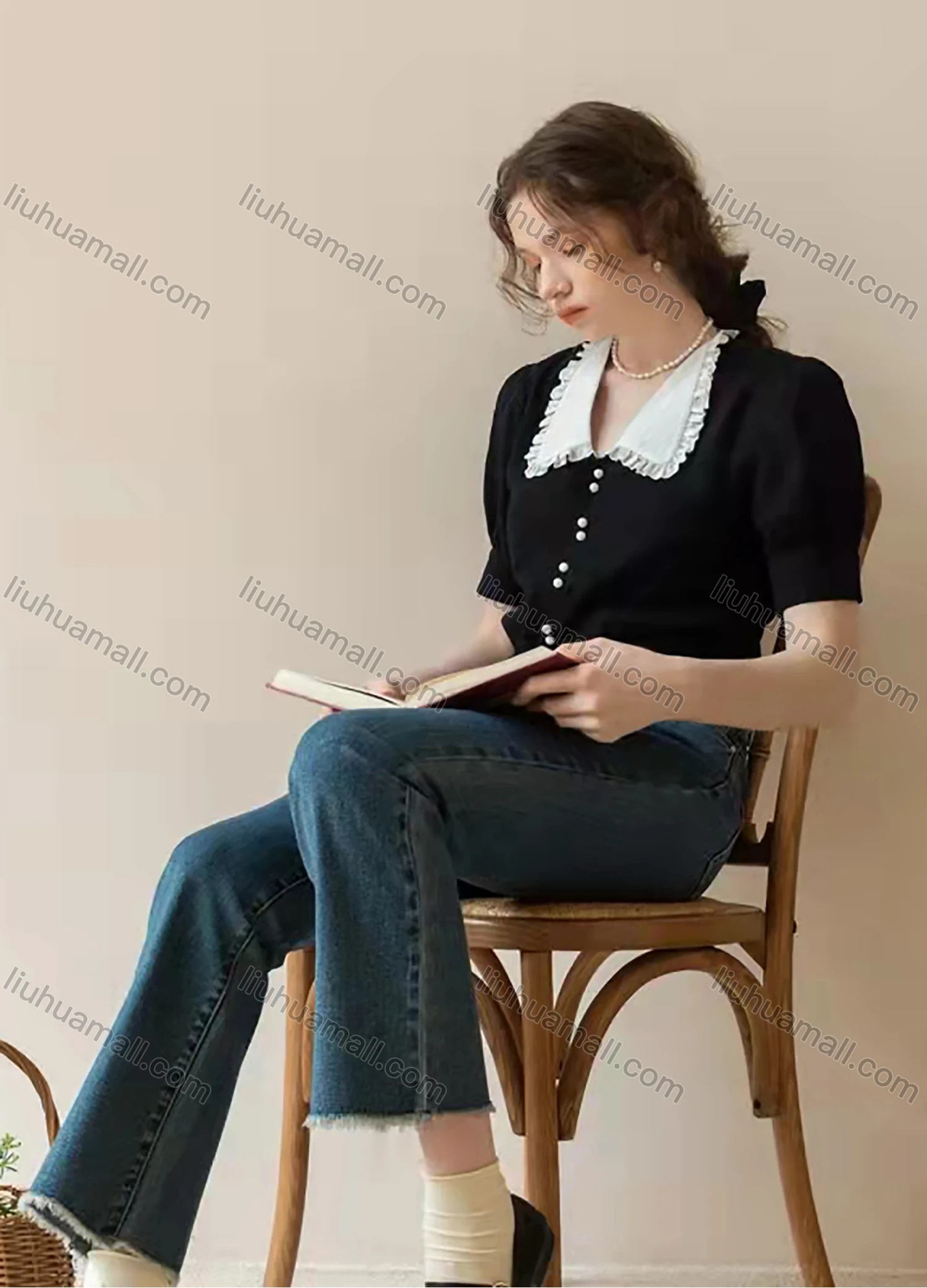 Wholesale Women's Peter Pan Collar Ruffle Trim Lantern Sleeve Pearl Buttons Blouse AY125# - Liuhuamall