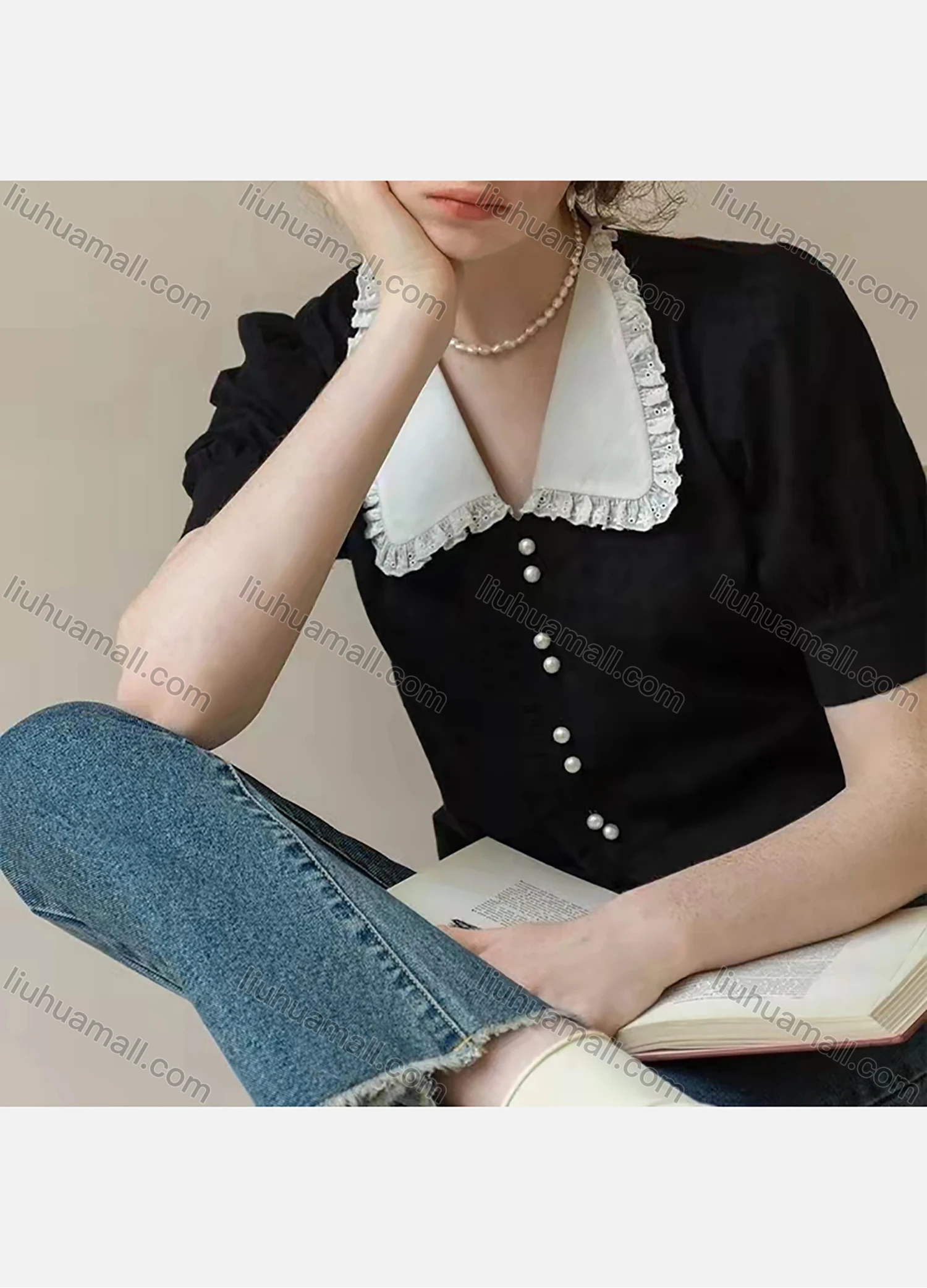 Wholesale Women's Peter Pan Collar Ruffle Trim Lantern Sleeve Pearl Buttons Blouse AY125# - Liuhuamall