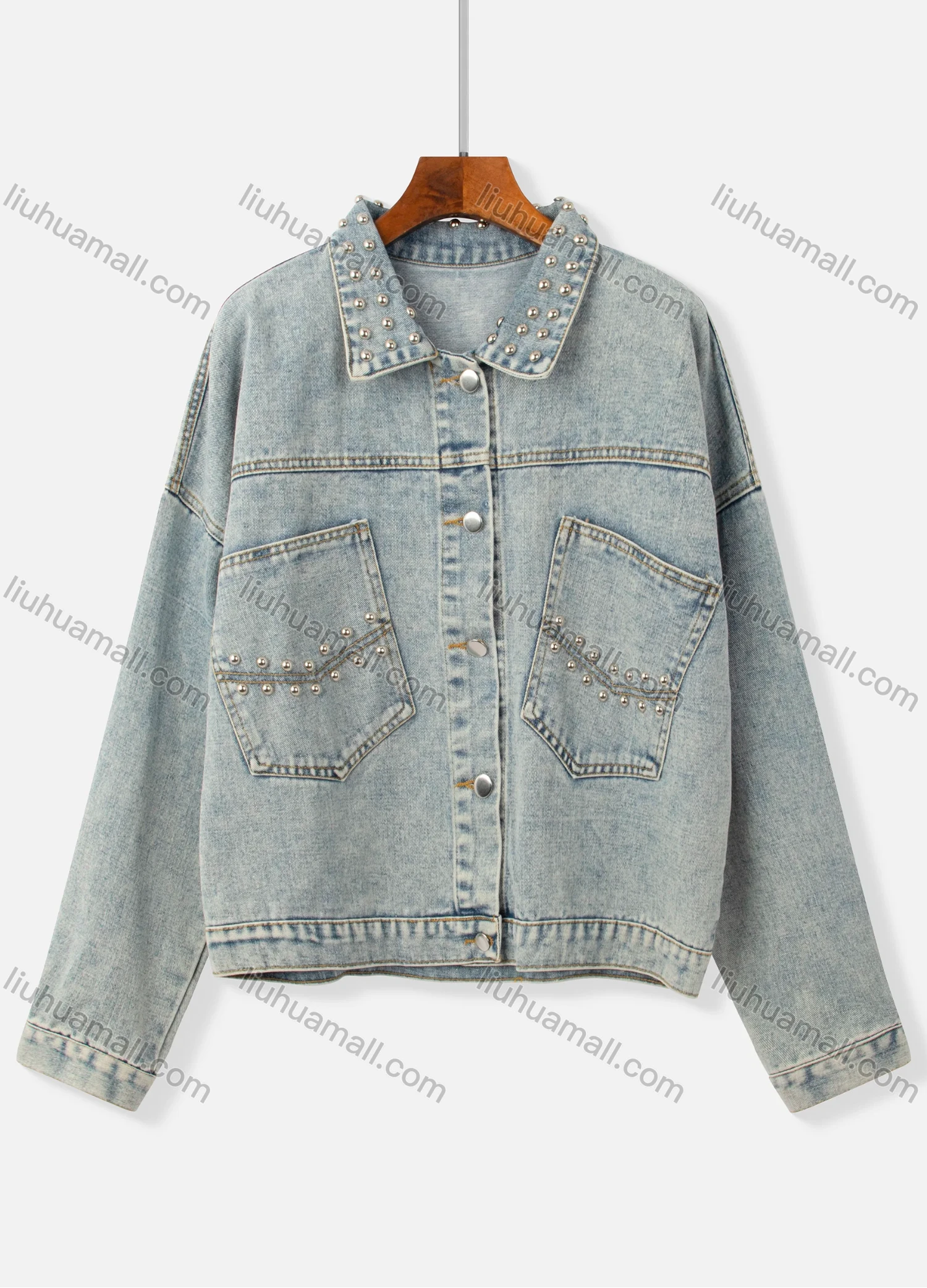 Wholesale Women's Fashion Rivets Double Pockets Pearl Decor Distressed Denim Jacket - Liuhuamall