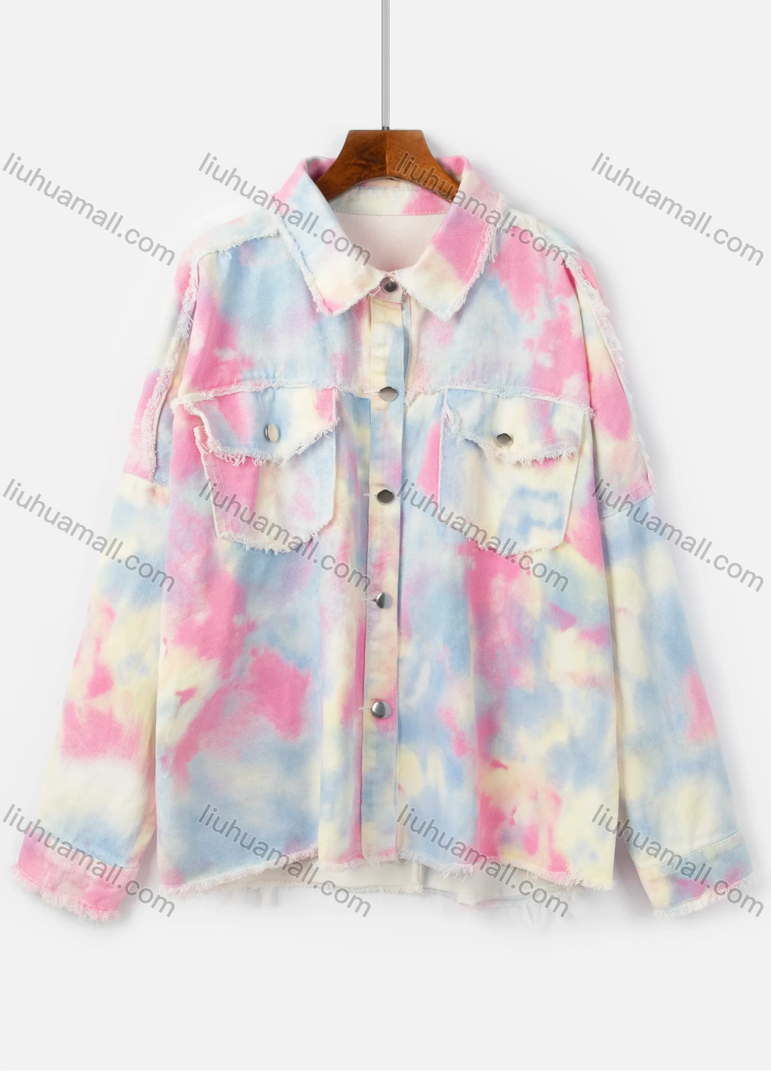 Wholesale Women's Fashion Tie Dye Double Flap Pockets Frayed Raw Hem Denim Overshirt Jacket - Liuhuamall