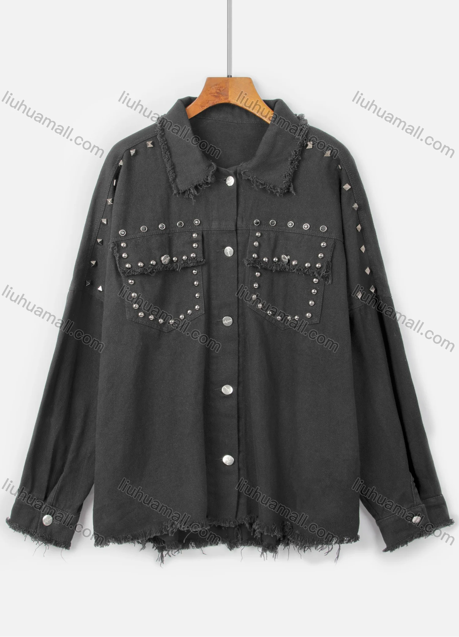 Wholesale Women's Fashion Pearl & Rivet Decor Flap Pockets Frayed Raw Hem Denim Overshirt Jacket - Liuhuamall