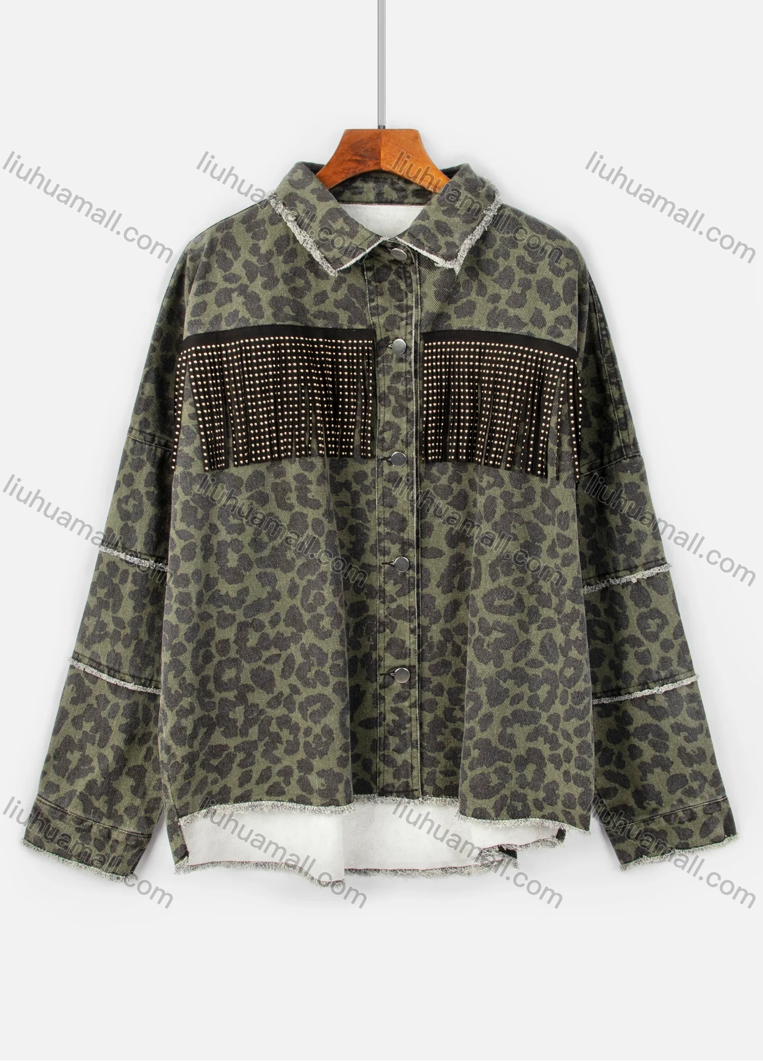 Wholesale Women's Fashion Leopard Tassel Trim Frayed Raw High Low Hem Denim Overshirt Jacket - Liuhuamall