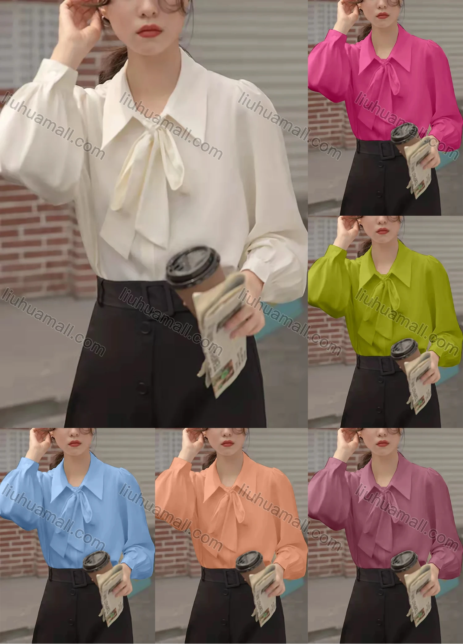 Wholesale Women's Elegant Collared Bow Tie Lantern Sleeve Plain Blouse AY126# - Liuhuamall