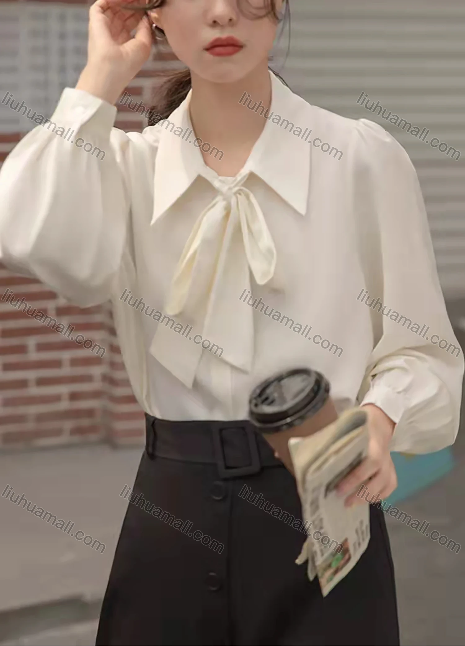 Wholesale Women's Elegant Collared Bow Tie Lantern Sleeve Plain Blouse AY126# - Liuhuamall