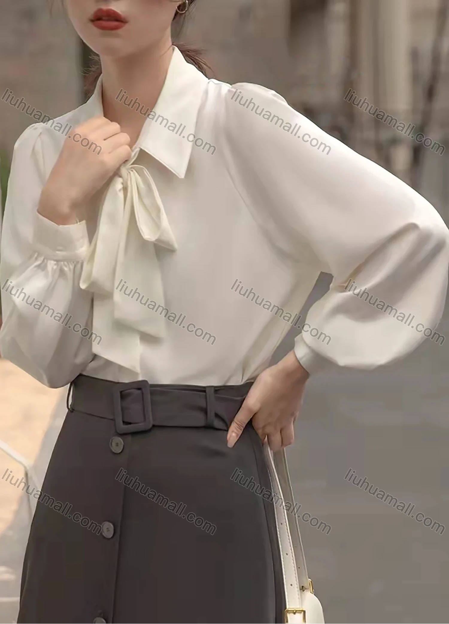 Wholesale Women's Elegant Collared Bow Tie Lantern Sleeve Plain Blouse AY126# - Liuhuamall