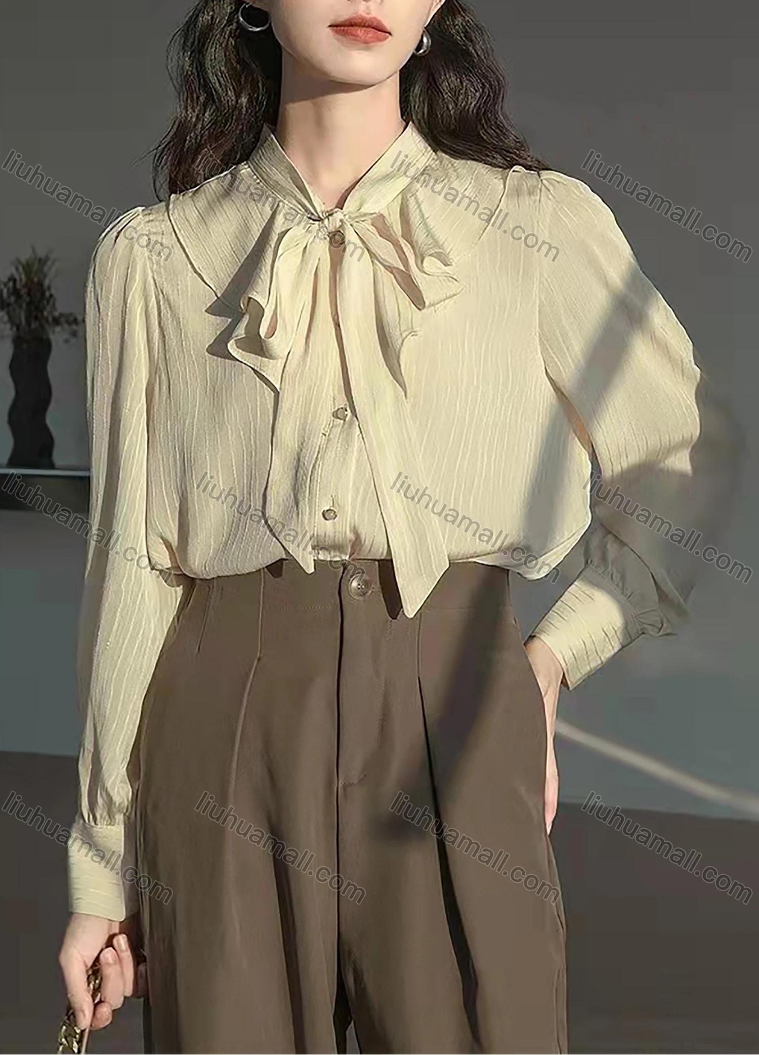 Wholesale Women's Bow Tie Neck Lantern Sleeve Button Down Plain Blouse AY127# - Liuhuamall