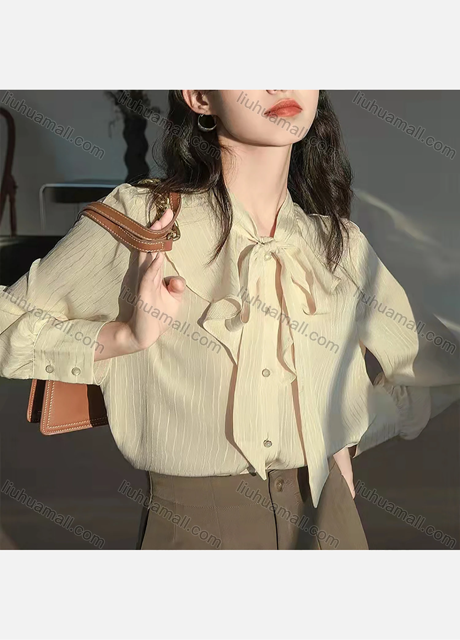 Wholesale Women's Bow Tie Neck Lantern Sleeve Button Down Plain Blouse AY127# - Liuhuamall