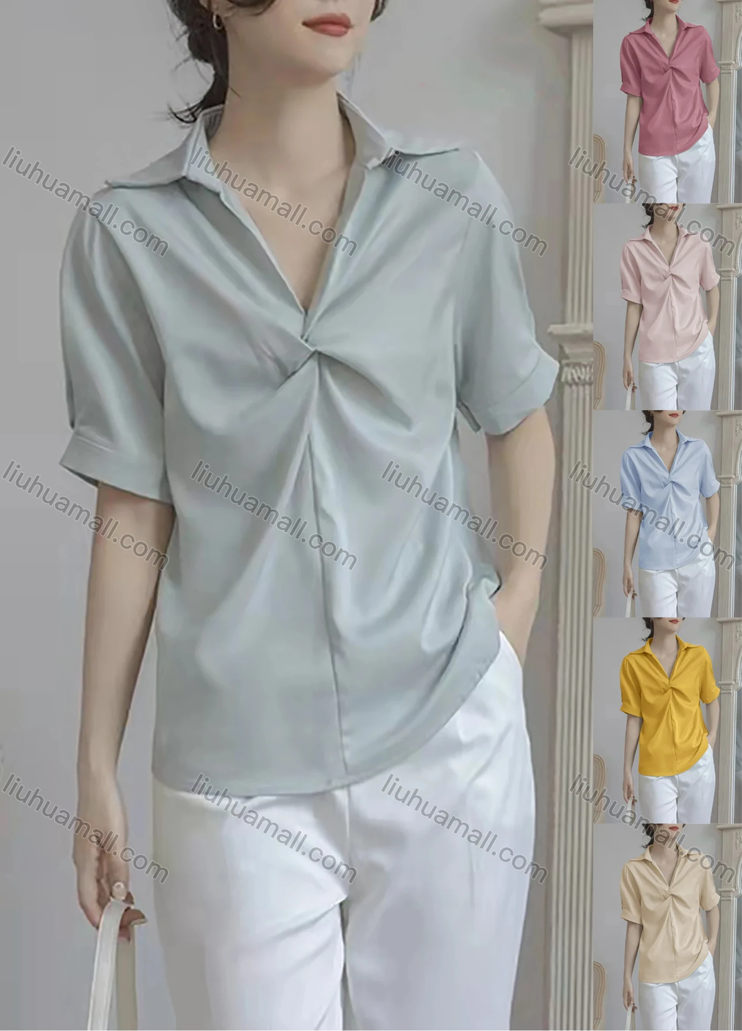 Wholesale Women's Turn-down Collar Twist Short Sleeve Plain Casual Blouse AY128# - Liuhuamall