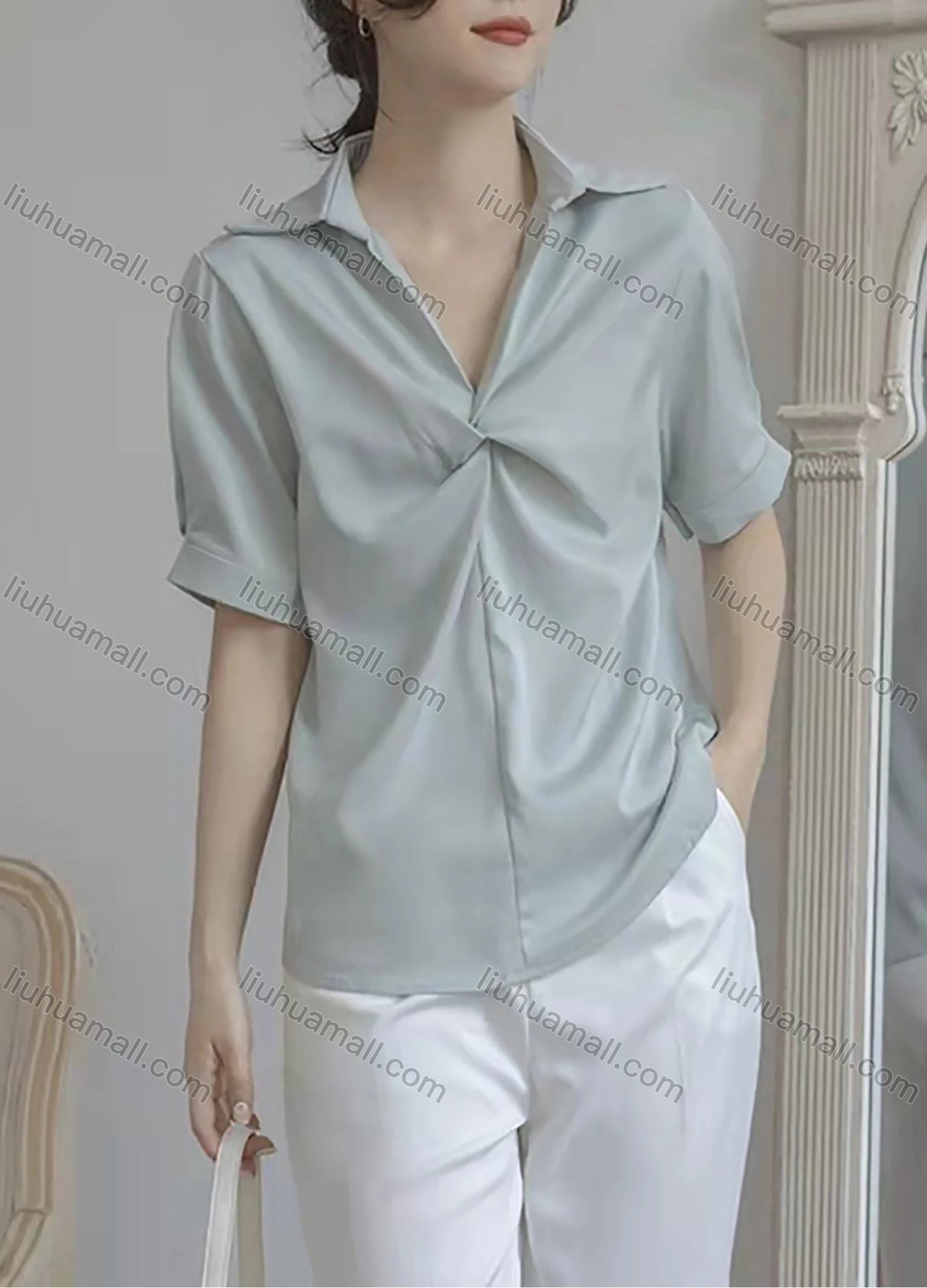 Wholesale Women's Turn-down Collar Twist Short Sleeve Plain Casual Blouse AY128# - Liuhuamall