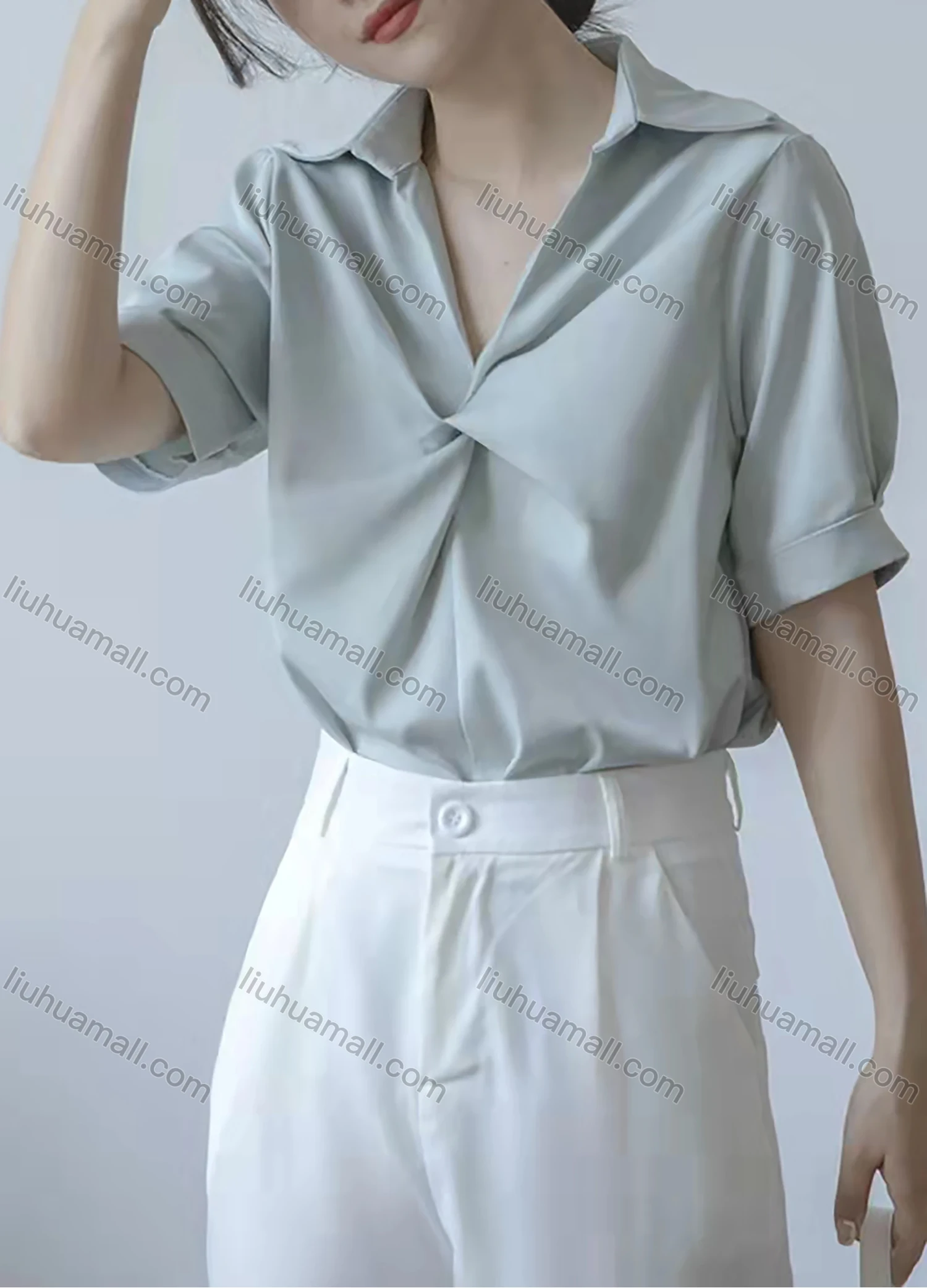 Wholesale Women's Turn-down Collar Twist Short Sleeve Plain Casual Blouse AY128# - Liuhuamall