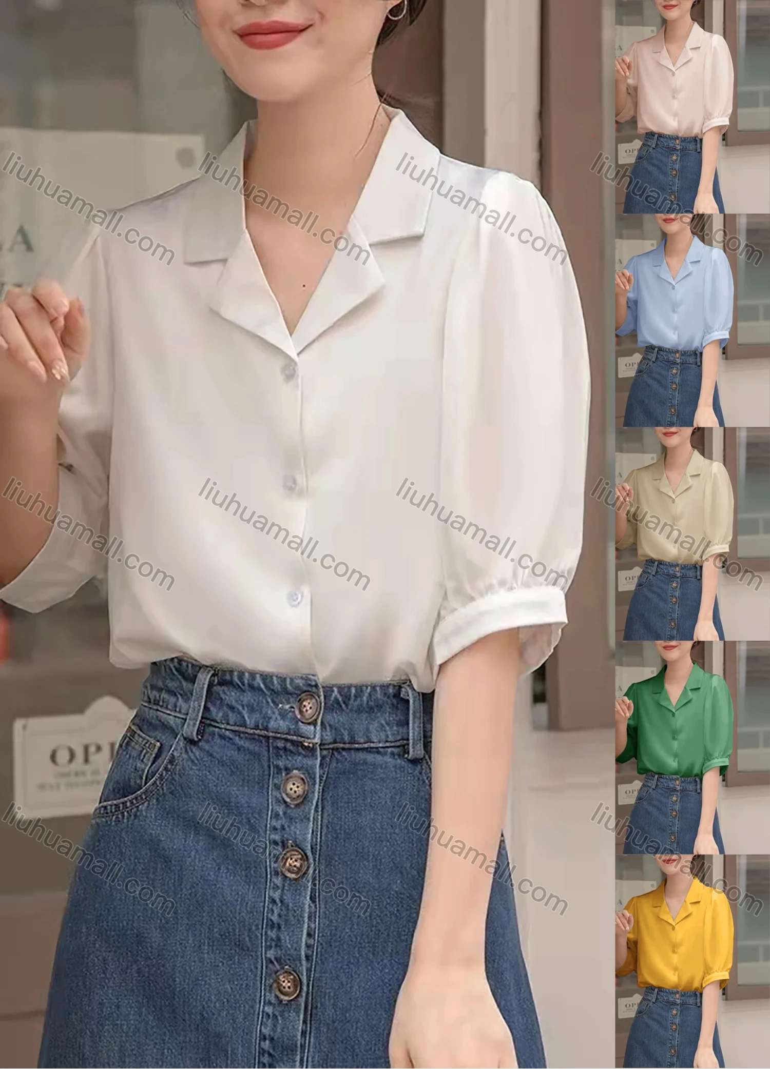 Wholesale Women's Lapel Short Sleeve Button Down Plain Casual Blouse AY129# - Liuhuamall