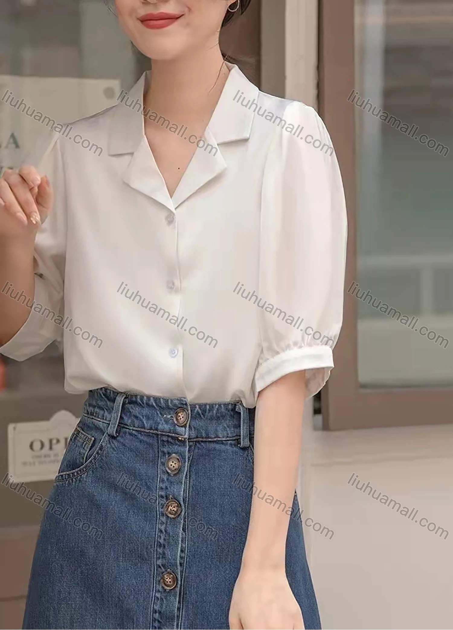Wholesale Women's Lapel Short Sleeve Button Down Plain Casual Blouse AY129# - Liuhuamall