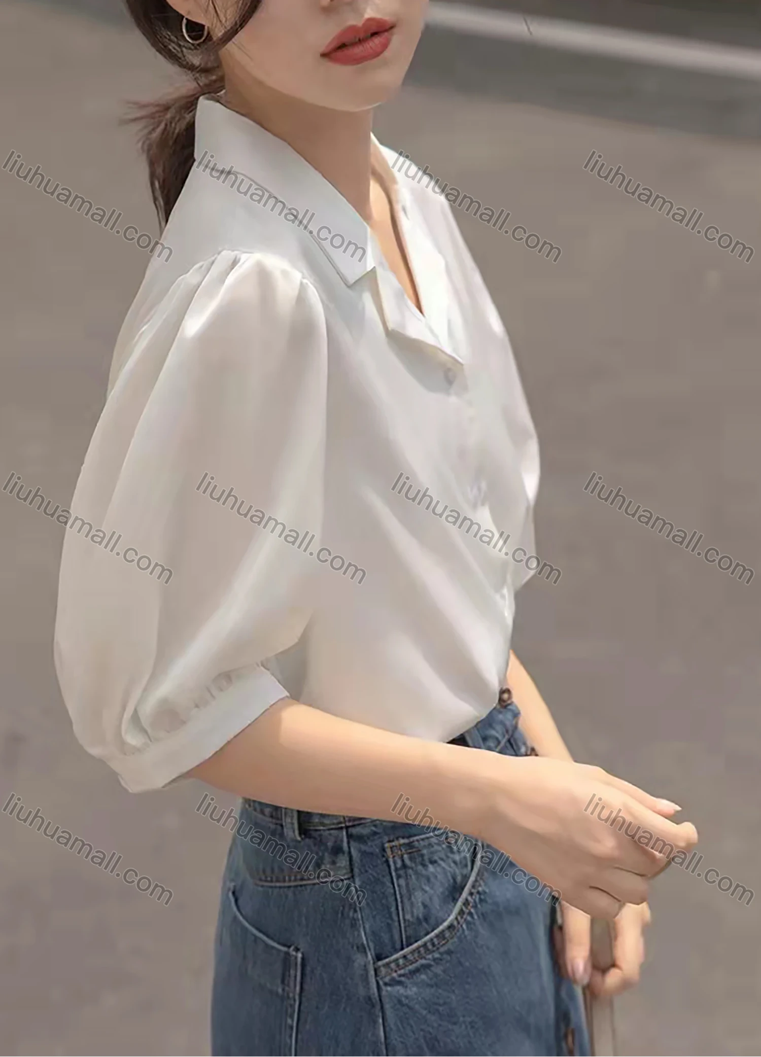 Wholesale Women's Lapel Short Sleeve Button Down Plain Casual Blouse AY129# - Liuhuamall