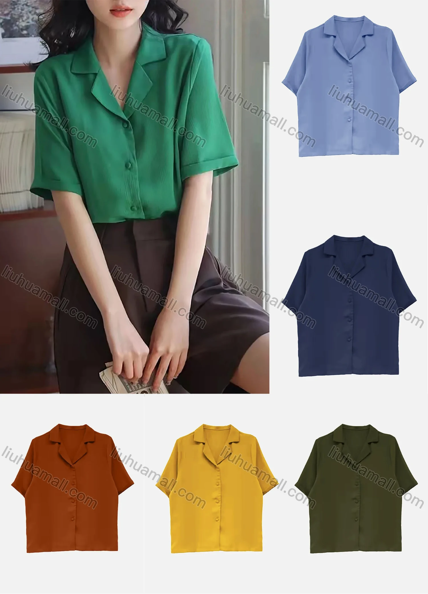 Wholesale Women's Lapel Half Sleeve Button Down Plain Casual Blouse AY130# - Liuhuamall