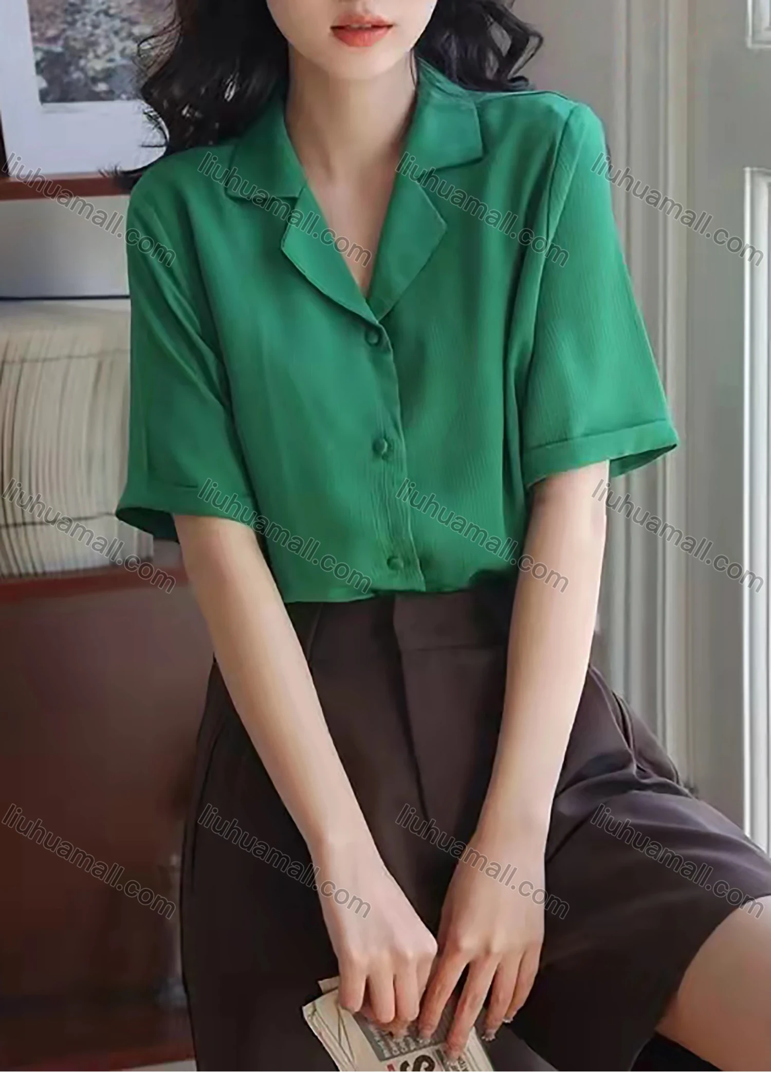 Wholesale Women's Lapel Half Sleeve Button Down Plain Casual Blouse AY130# - Liuhuamall