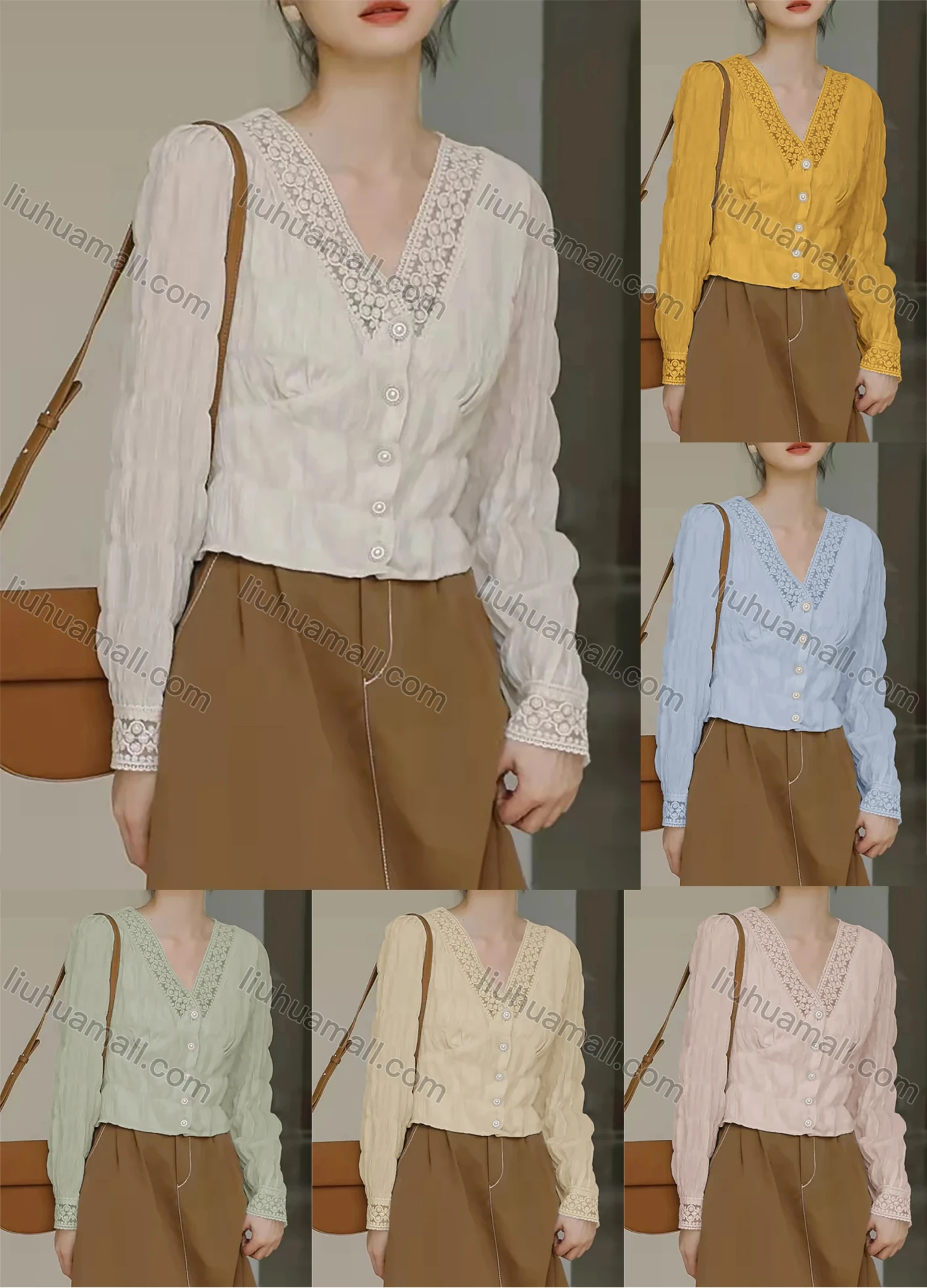 Wholesale Women's V Neck Guipure Lace Long Sleeve Pearl Buttons Plain Elegant Blouse AY131# - Liuhuamall