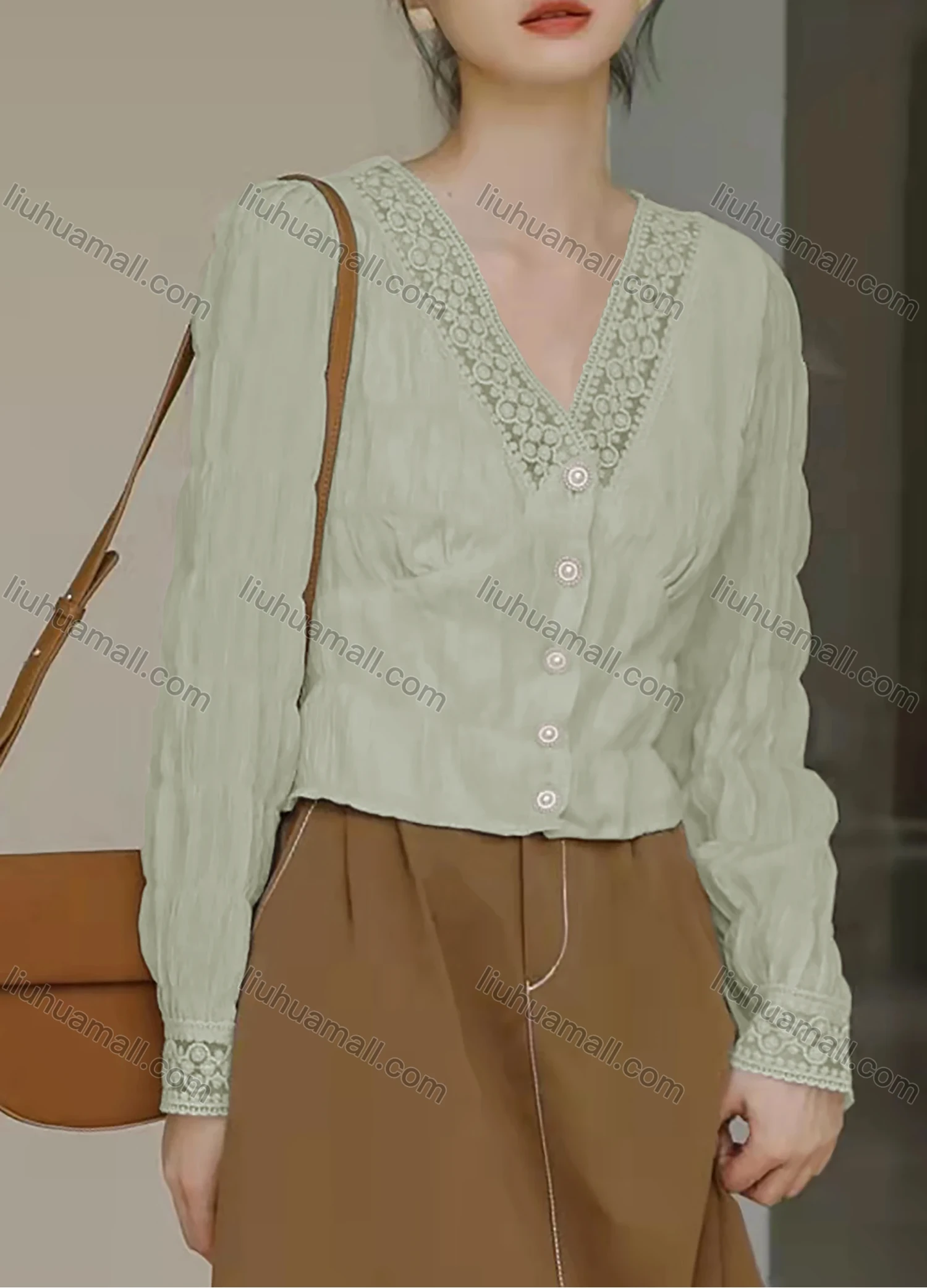 Wholesale Women's V Neck Guipure Lace Long Sleeve Pearl Buttons Plain Elegant Blouse AY131# - Liuhuamall