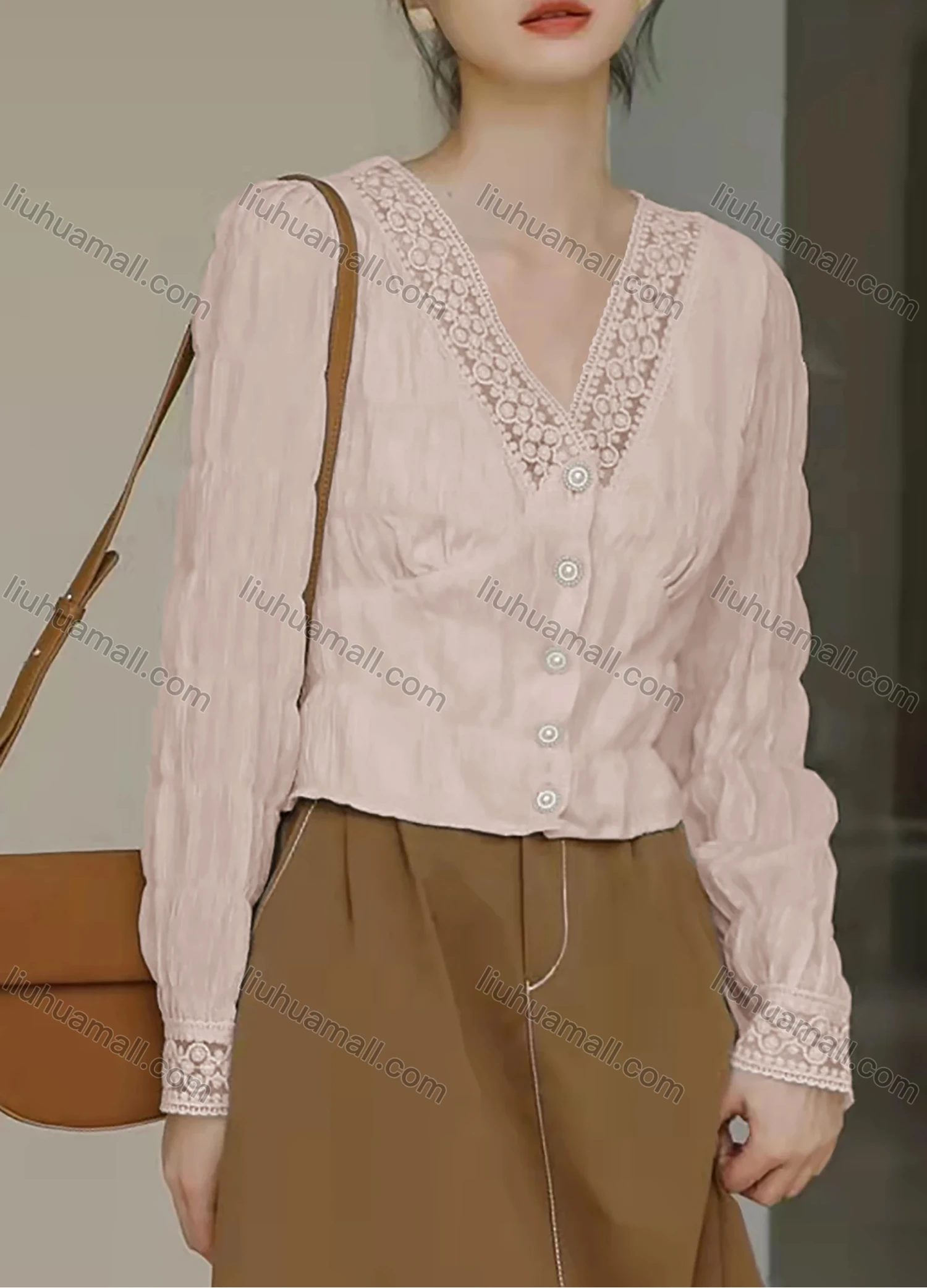 Wholesale Women's V Neck Guipure Lace Long Sleeve Pearl Buttons Plain Elegant Blouse AY131# - Liuhuamall