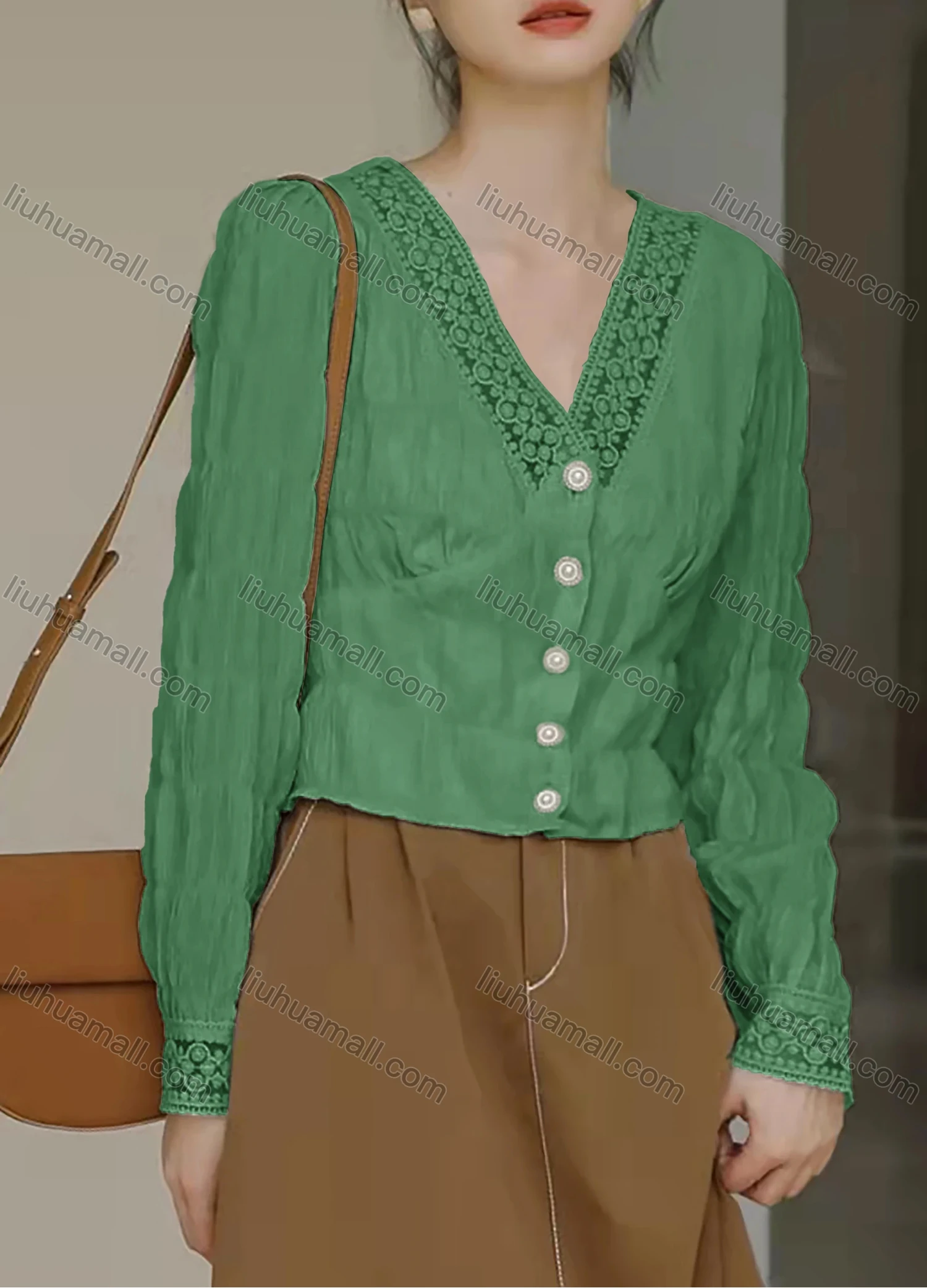 Wholesale Women's V Neck Guipure Lace Long Sleeve Pearl Buttons Plain Elegant Blouse AY131# - Liuhuamall