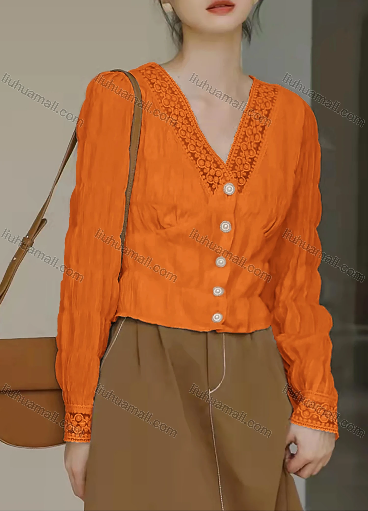 Wholesale Women's V Neck Guipure Lace Long Sleeve Pearl Buttons Plain Elegant Blouse AY131# - Liuhuamall